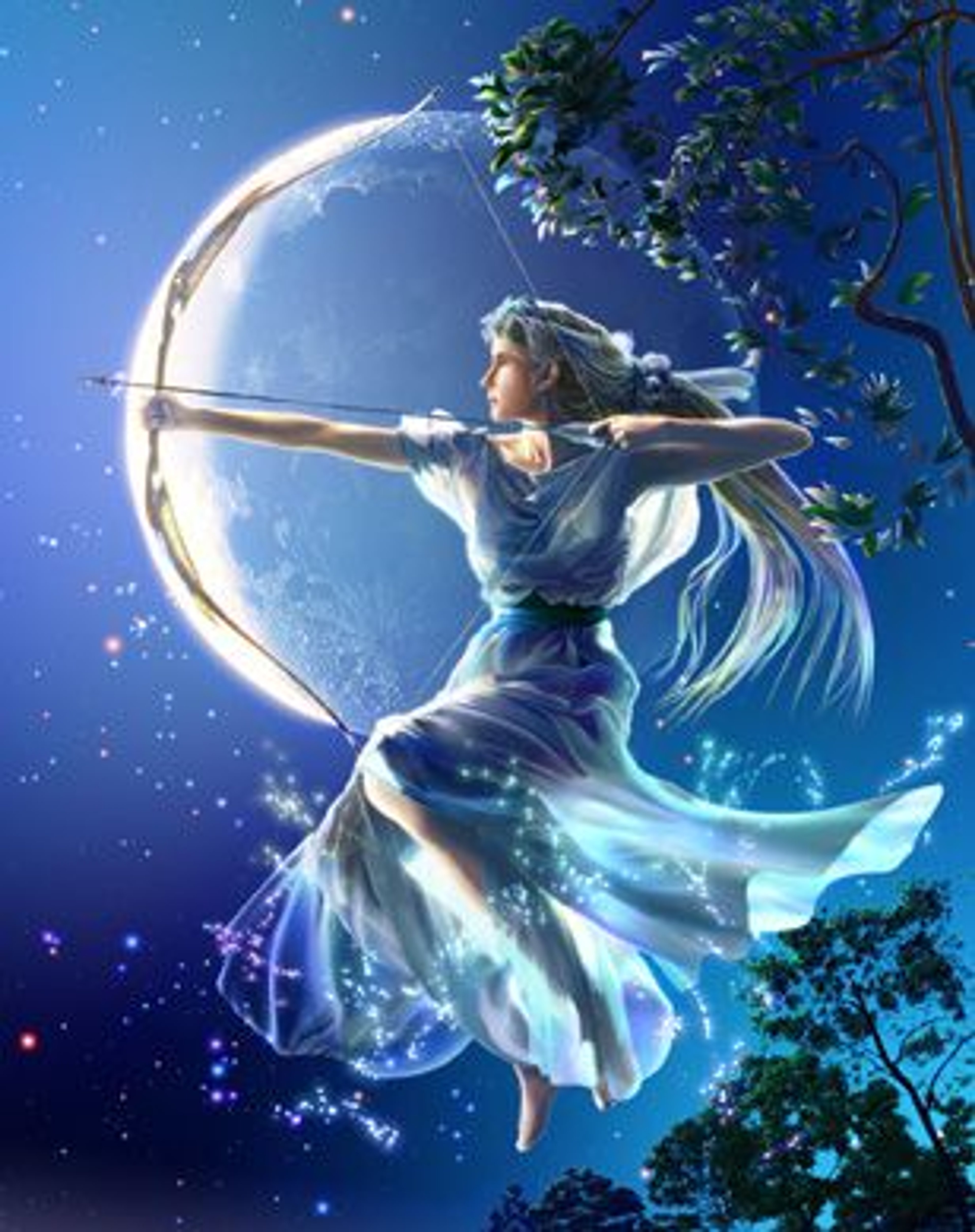 A female figure with long hair and a flowing white dress, holding a silver bow and arrow, surrounded by a crescent moon and stars.