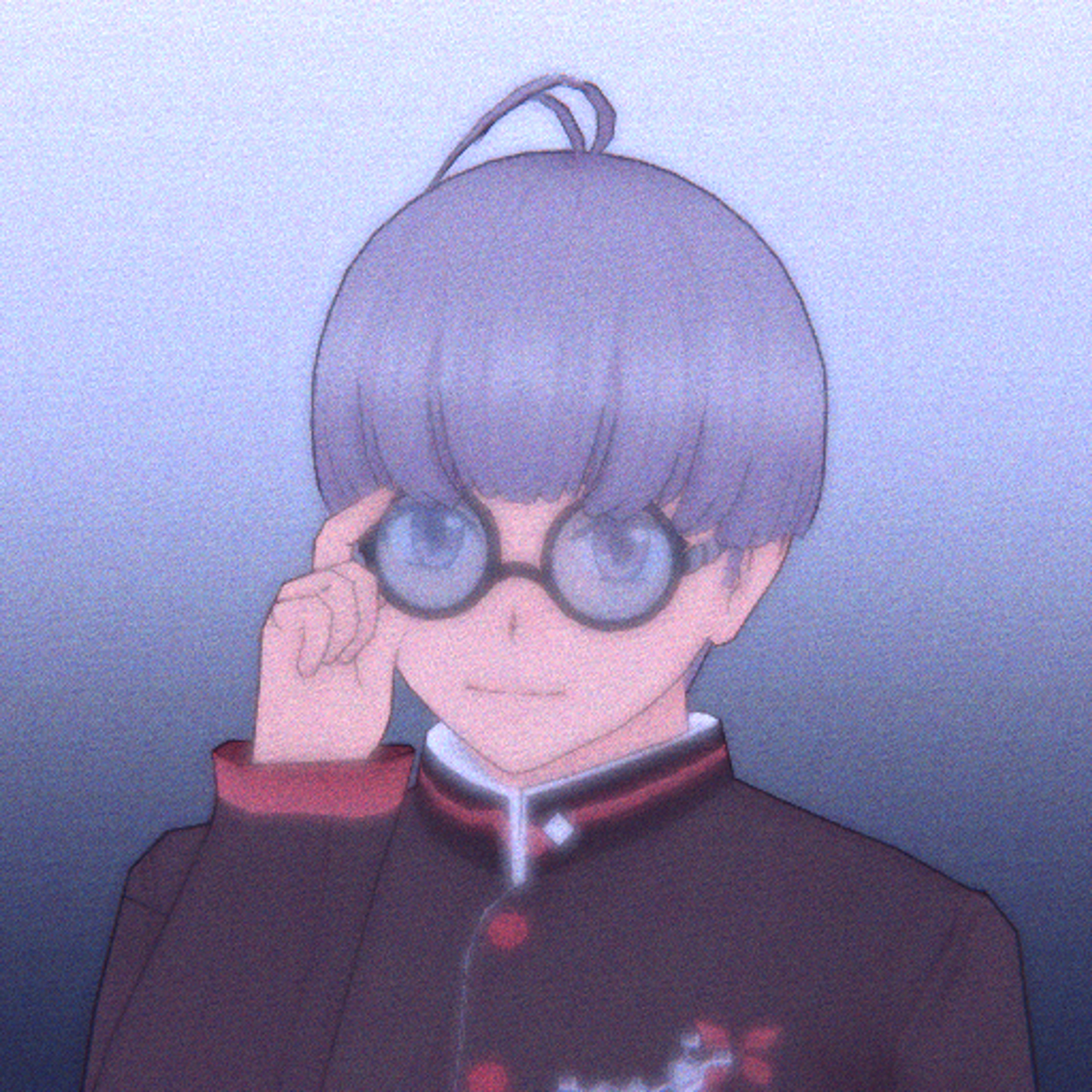 An anime-style character with gray hair, glasses, and a school uniform