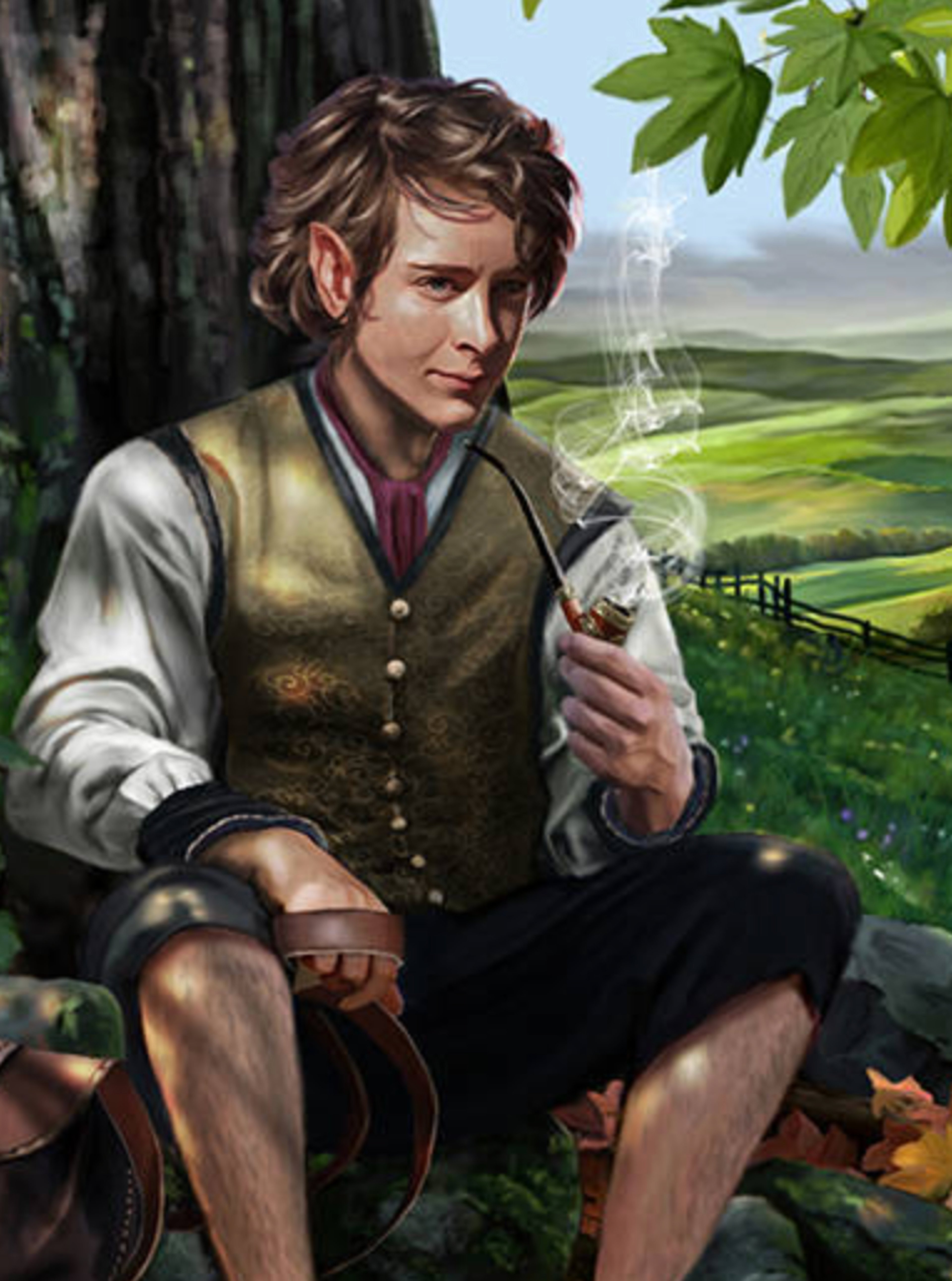 A hobbit character named Bilbo Baggins sitting on a grassy hillside