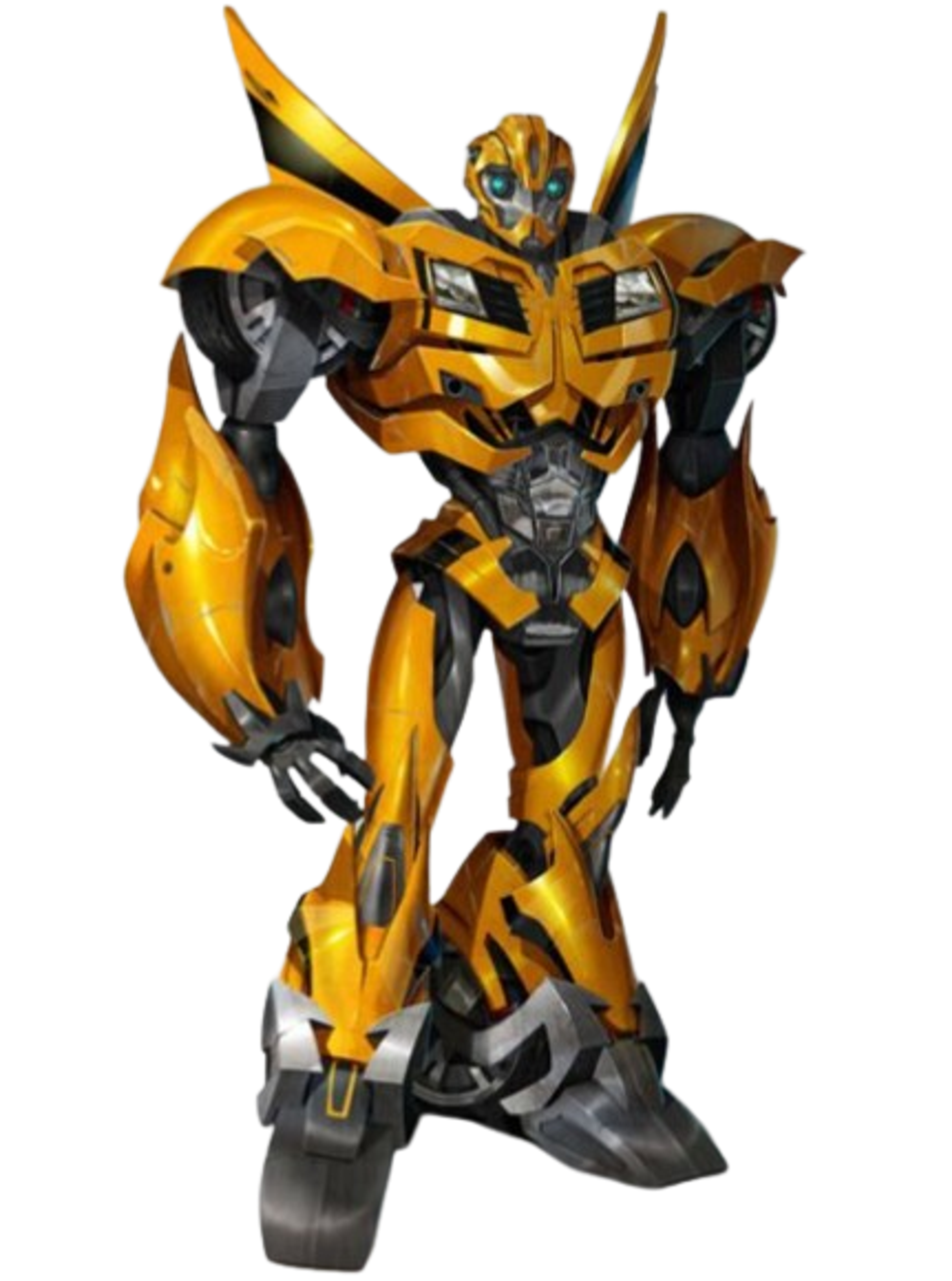 A large, yellow and black robotic character in a heroic battle pose