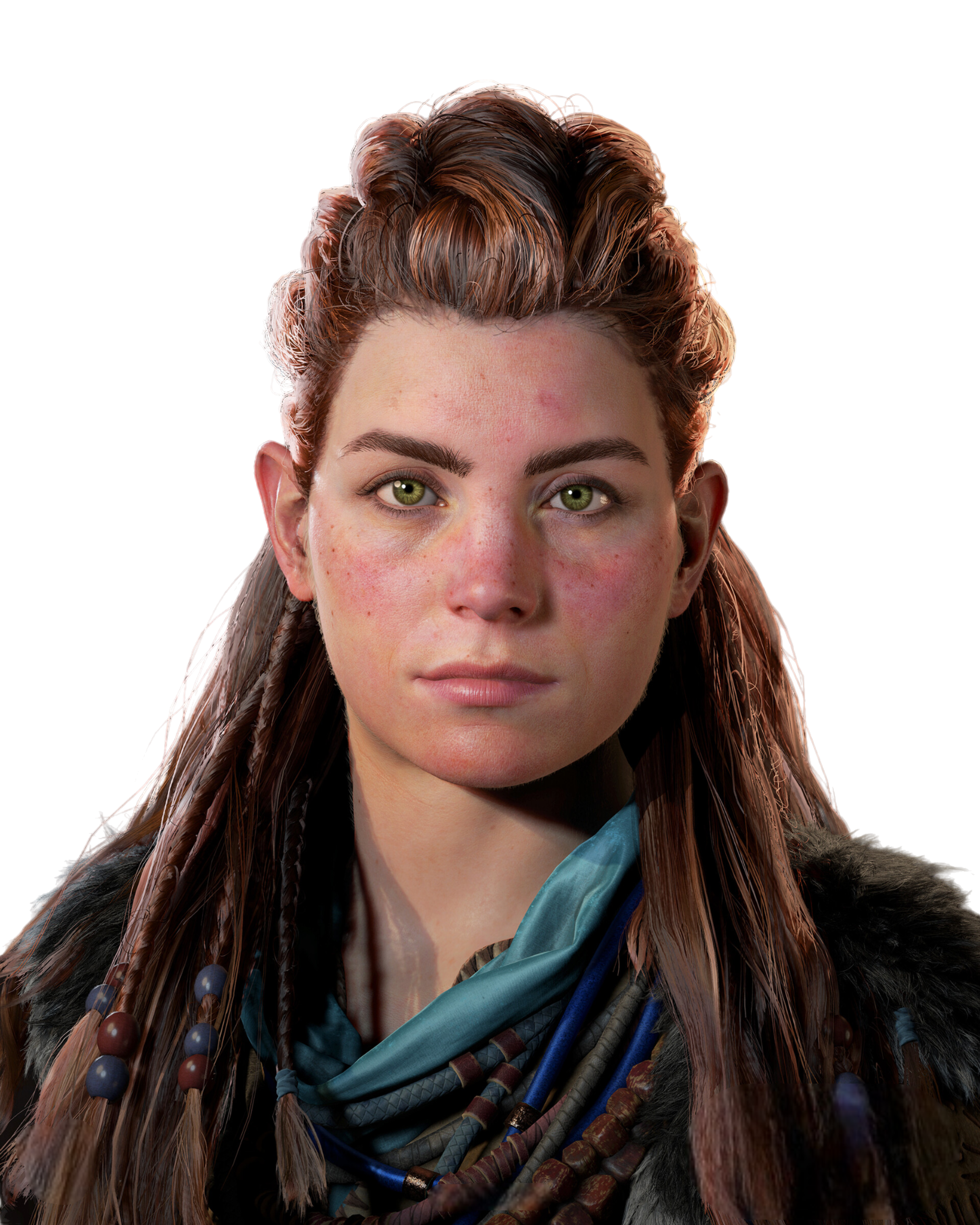 A young woman with reddish-brown hair and green eyes, wearing a blue scarf and a leather and fur outfit.