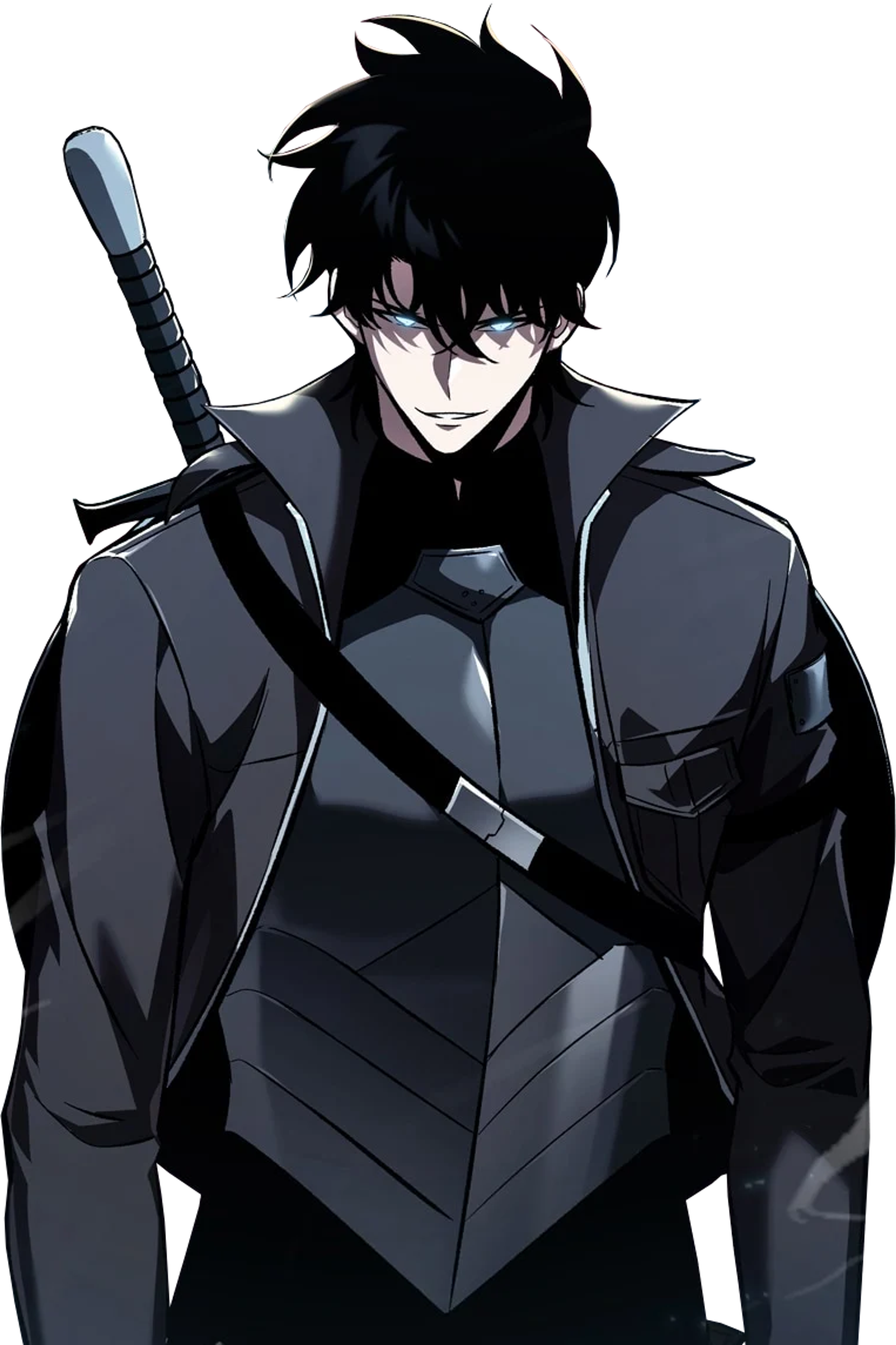 A young man with dark hair and intense eyes wearing a dark outfit with geometric patterns and holding a weapon or tool.
