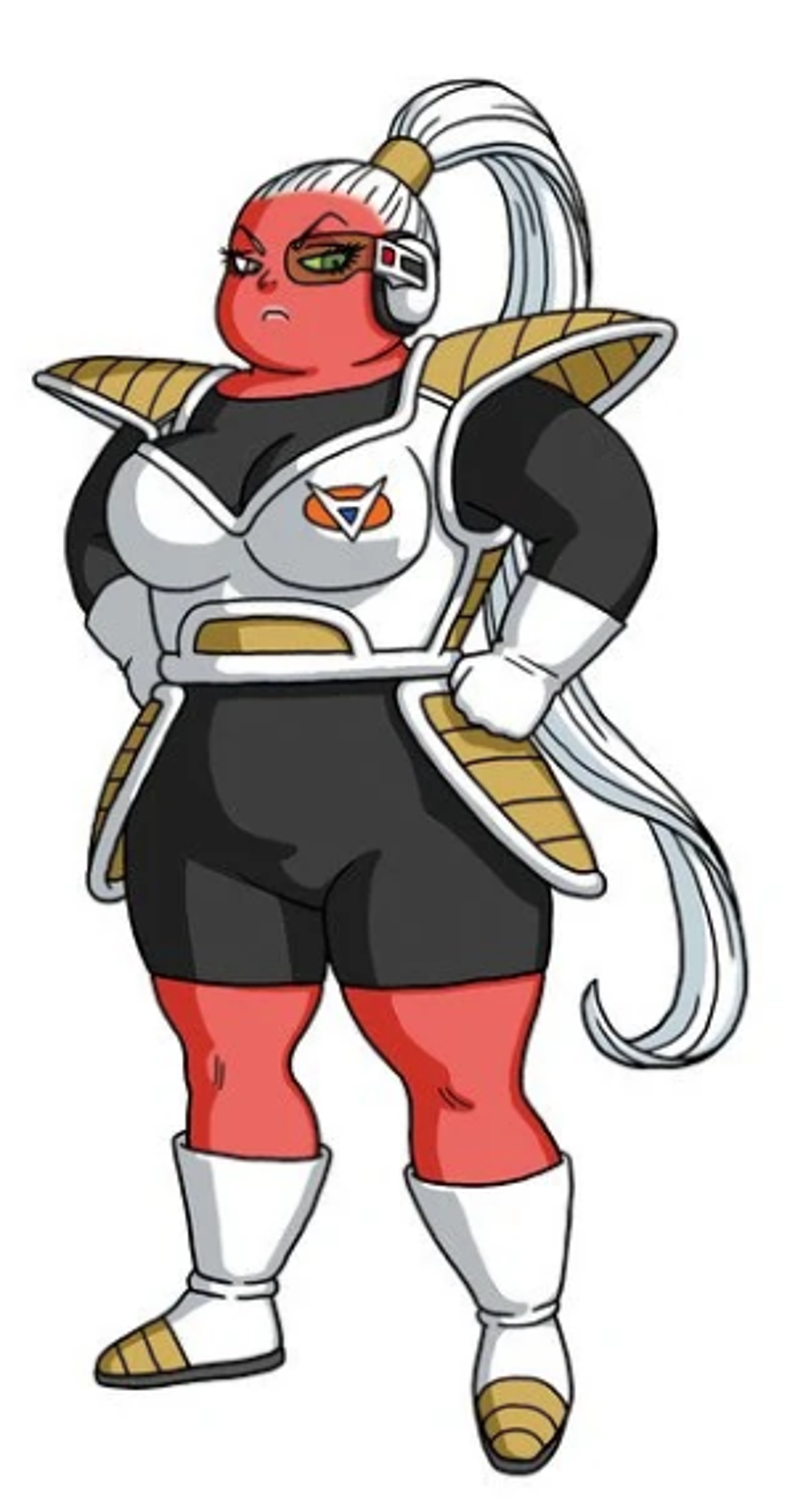 A chubby, busty female character with red skin, a white ponytail, and a serious expression wearing a black and gold warrior outfit.