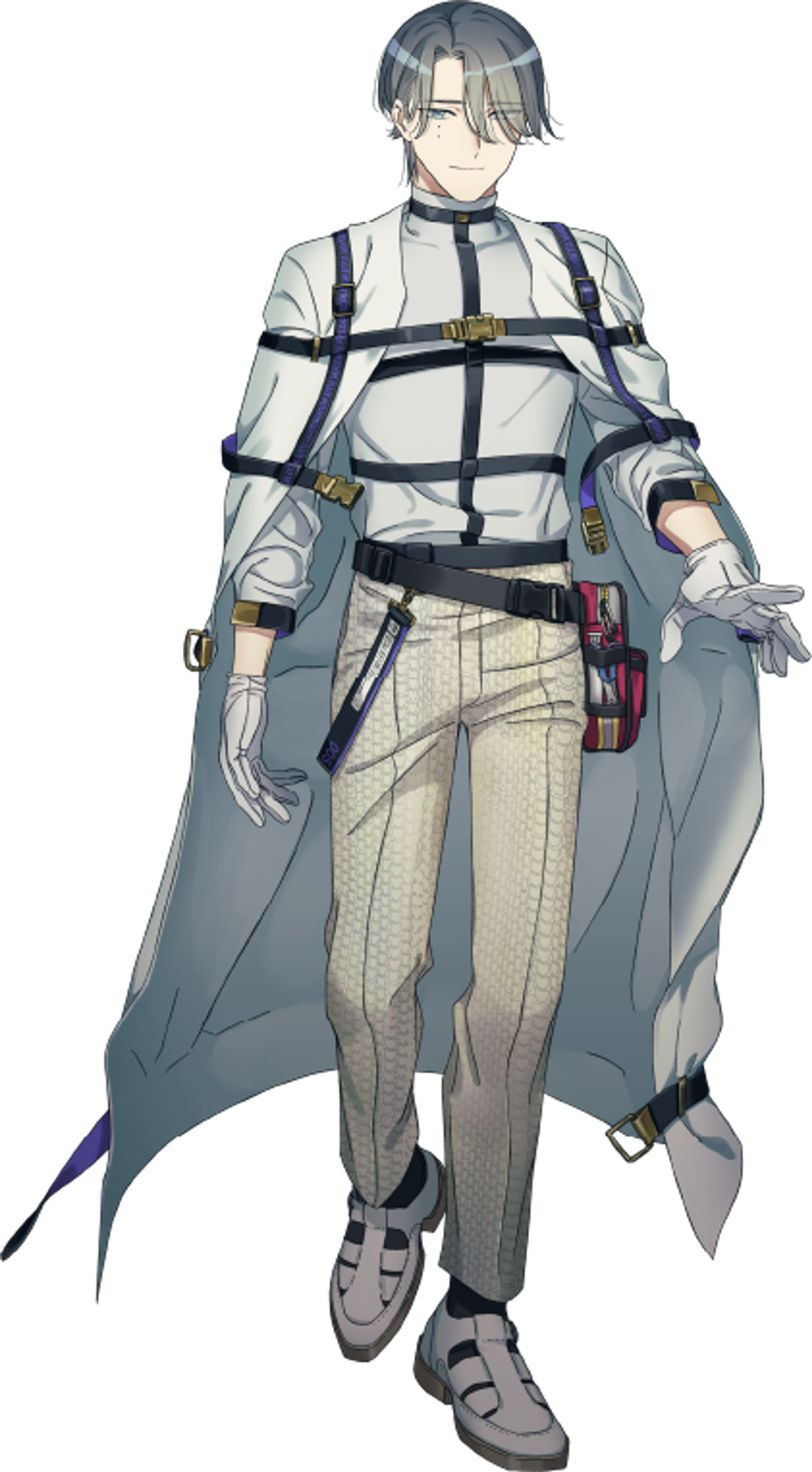 A tall, gray-haired male character in a white uniform and long gray coat, with a calm, professional expression.