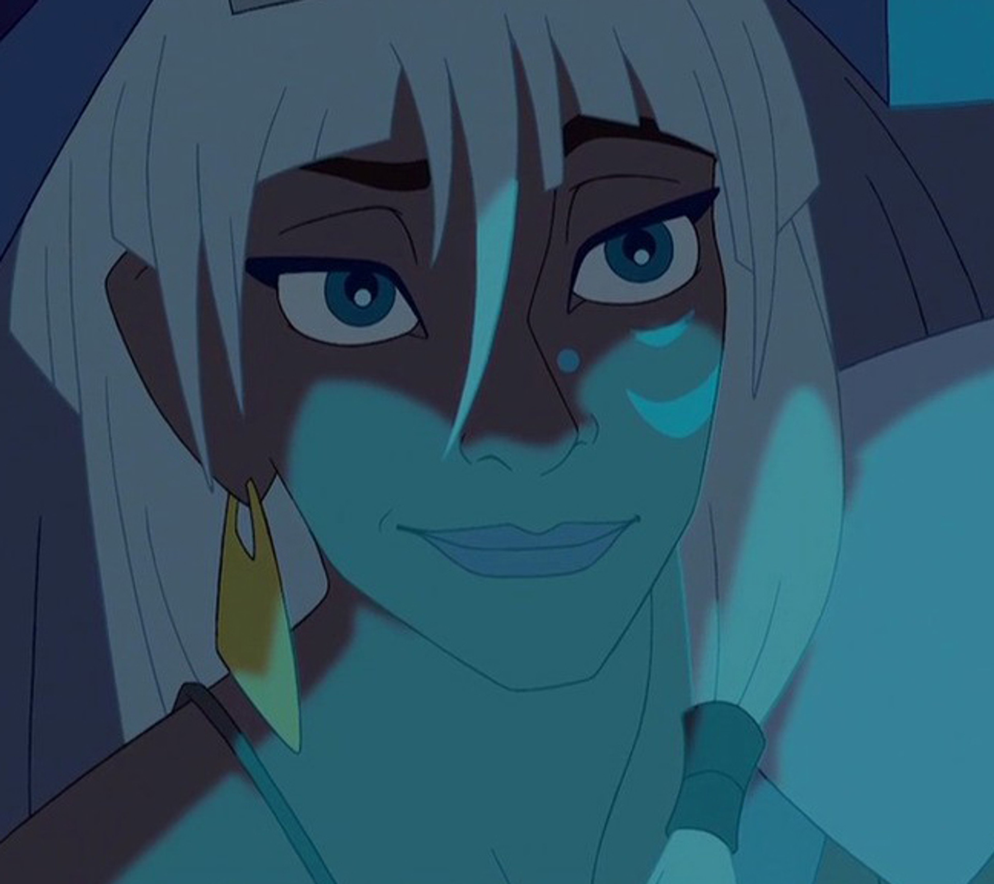 A blue-skinned, white-haired female character with a serious expression