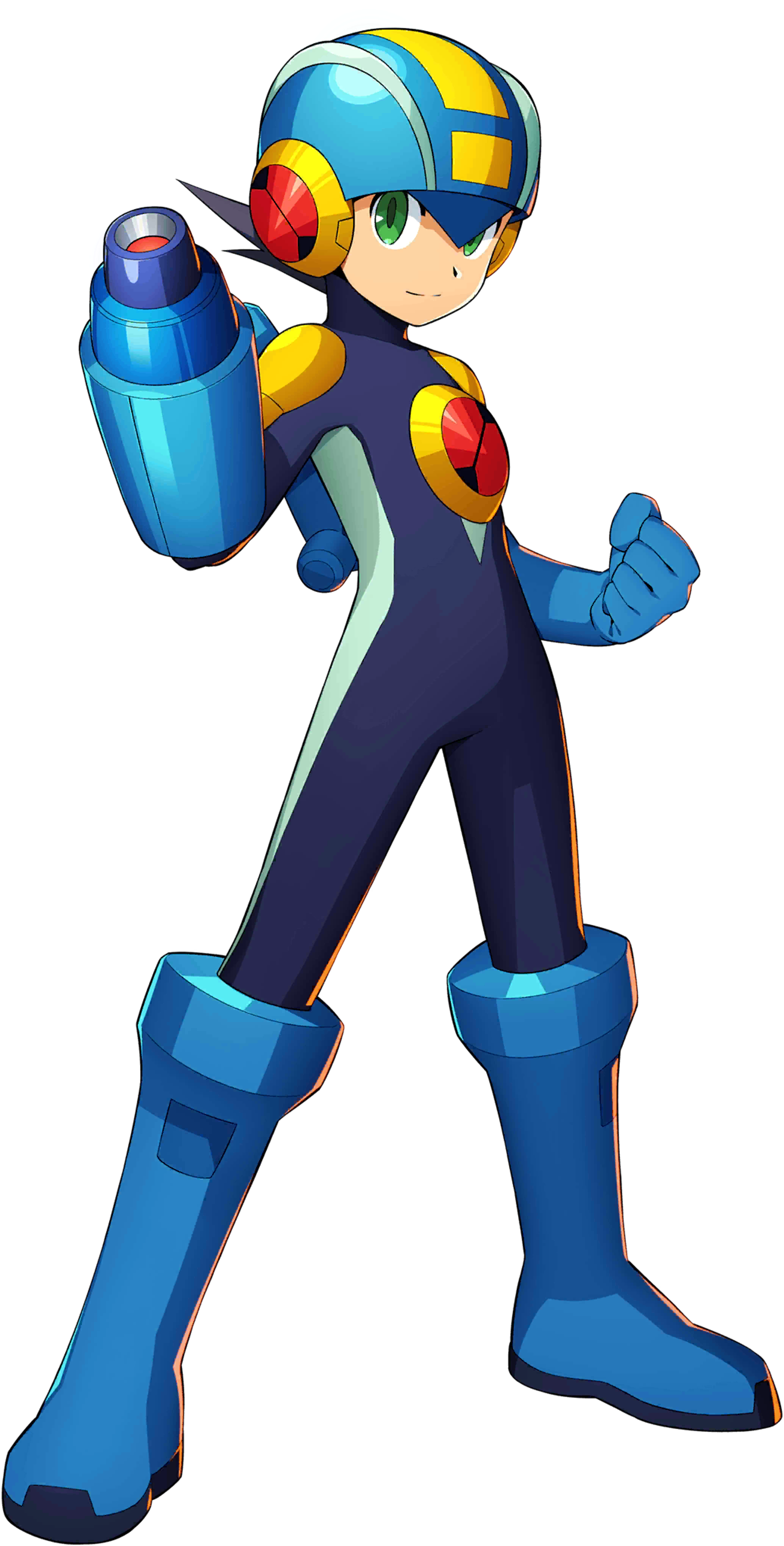 A cartoon character named MegaMan.EXE, a young male with blue armor and technological attachments, standing in a heroic pose.