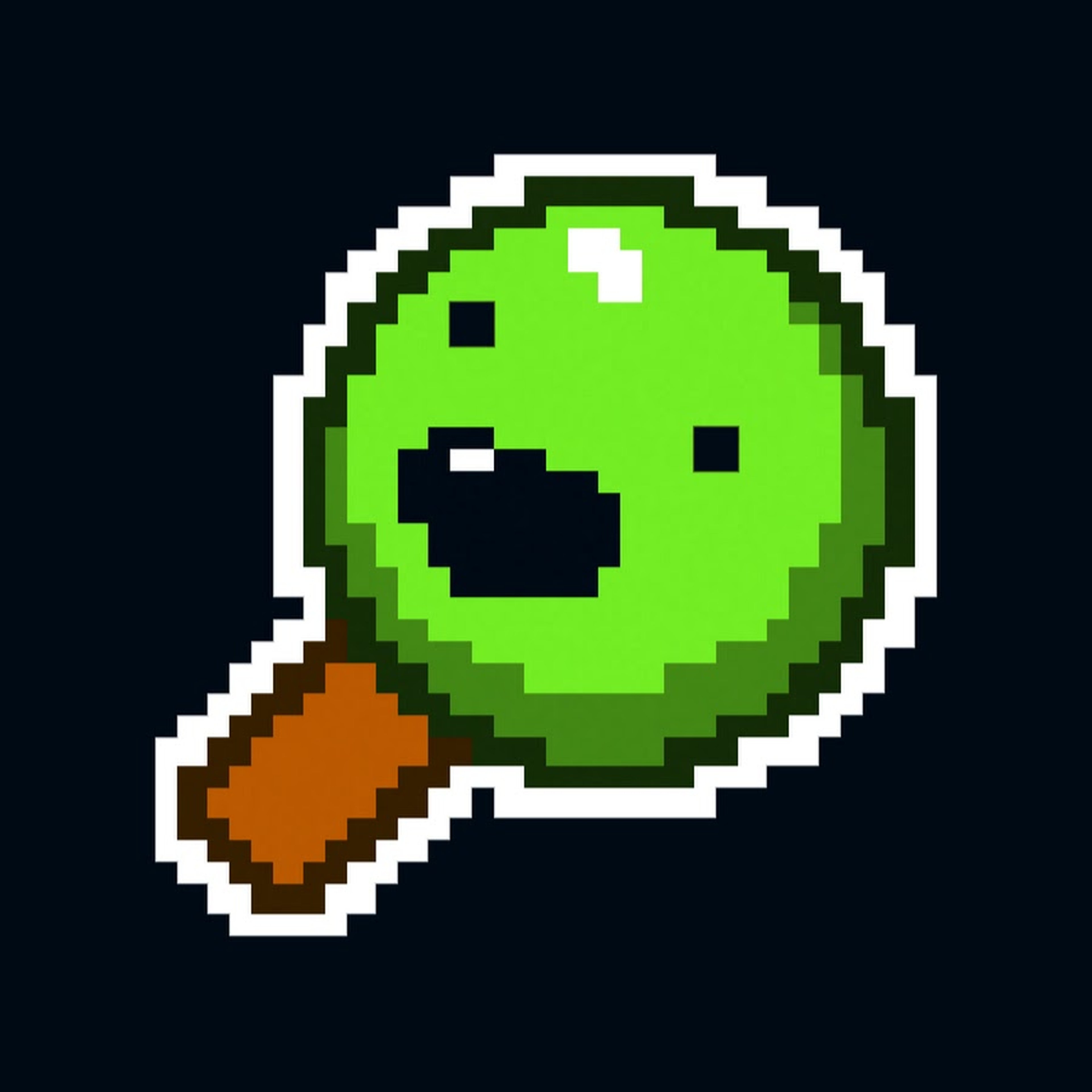 A pixelated, green character with a large, round head holding a brown object