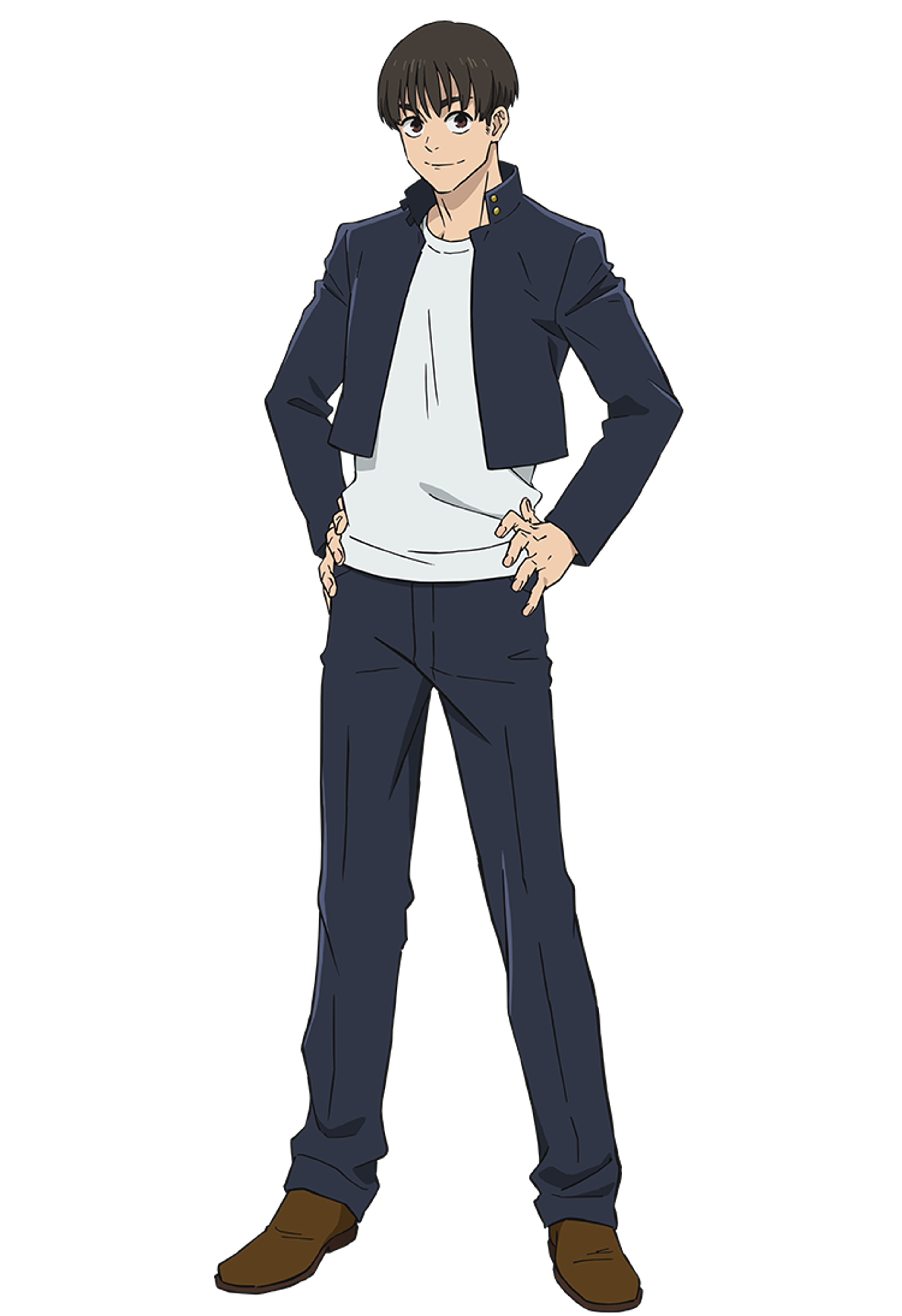 A young man in a navy blue suit jacket and white shirt standing with his hands in his pockets.