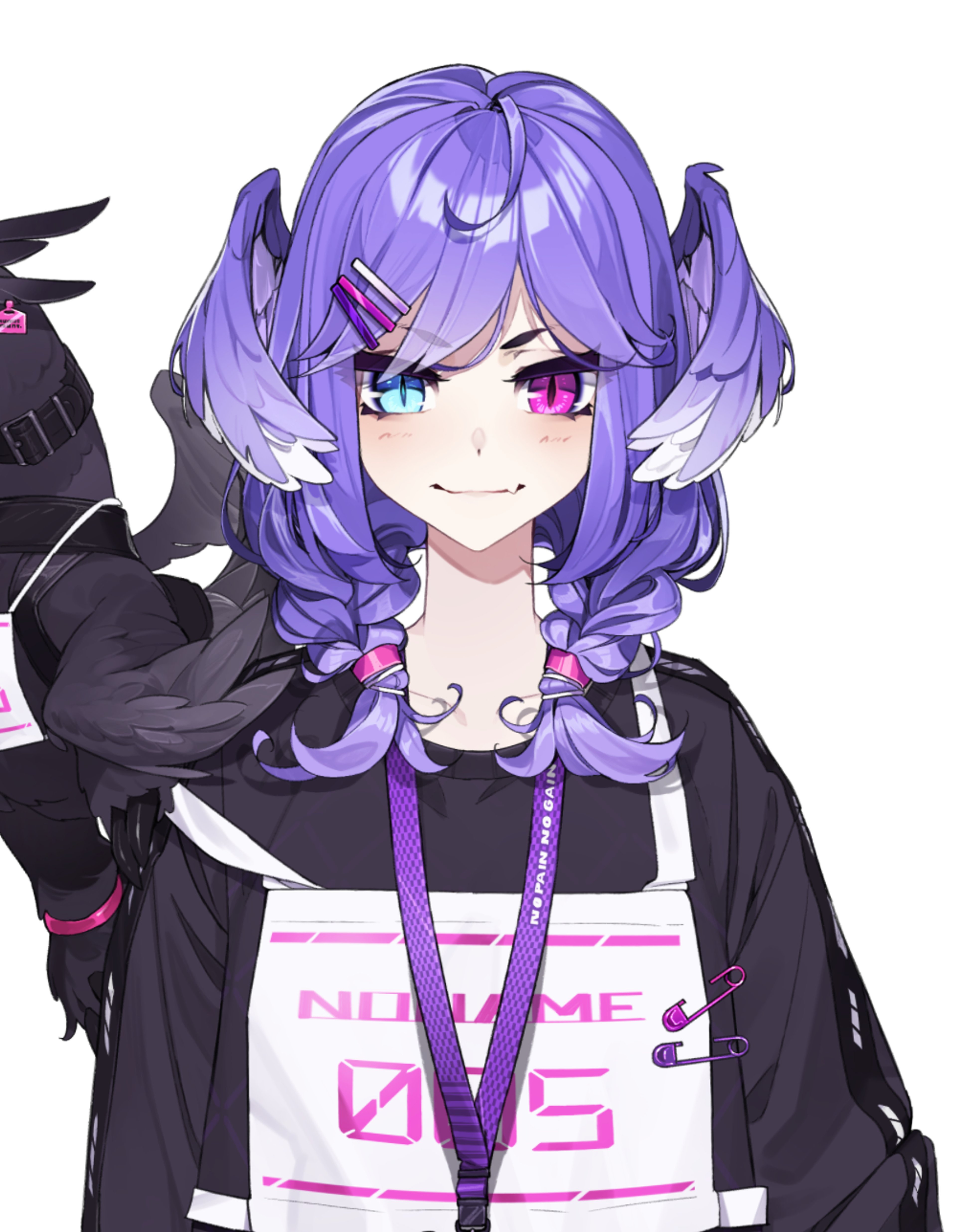 A virtual anime-style character with purple pigtails and wings, wearing a black outfit with pink accents and making a playful expression.