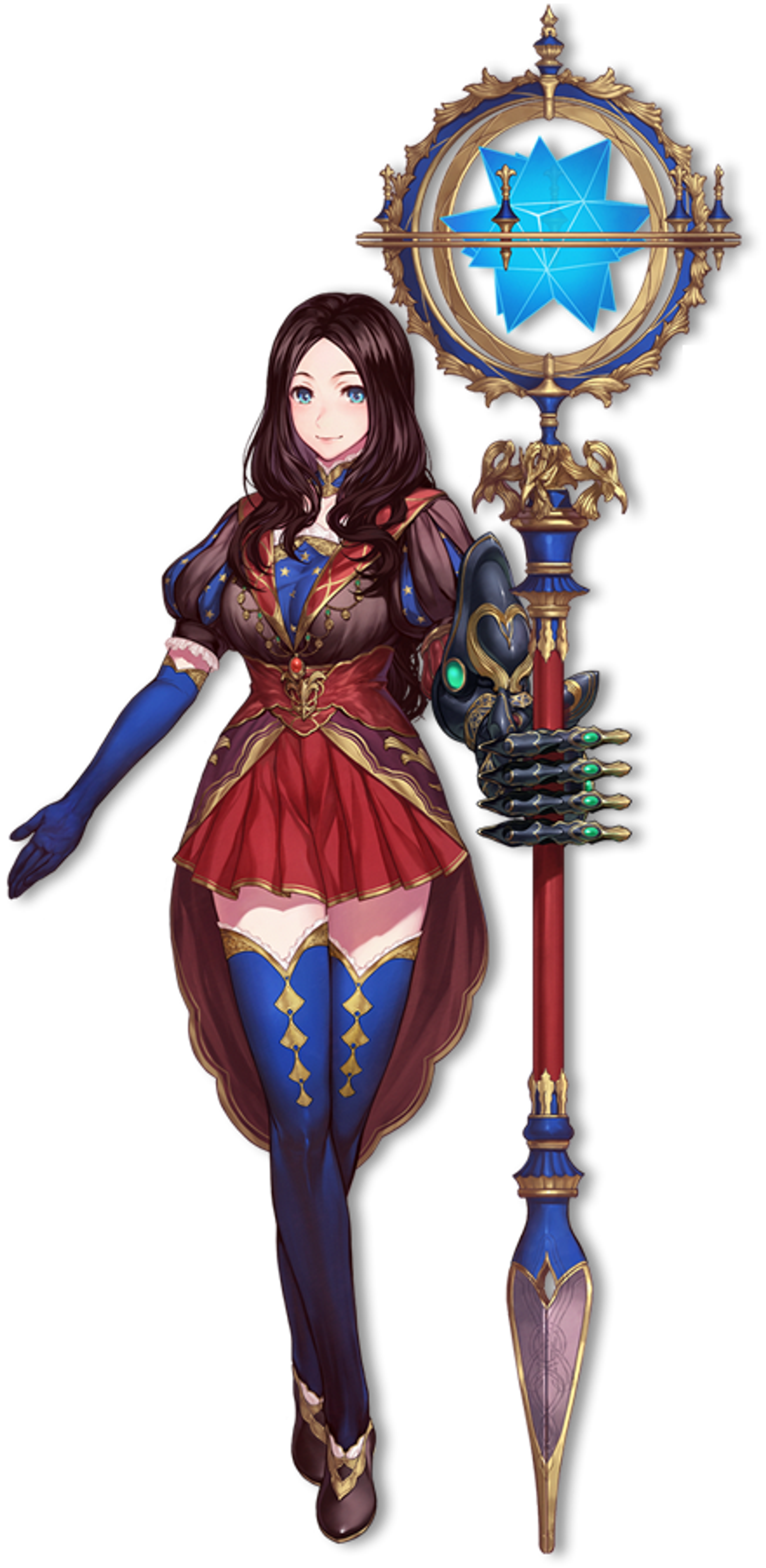A female character in a fantastical outfit holding a golden staff