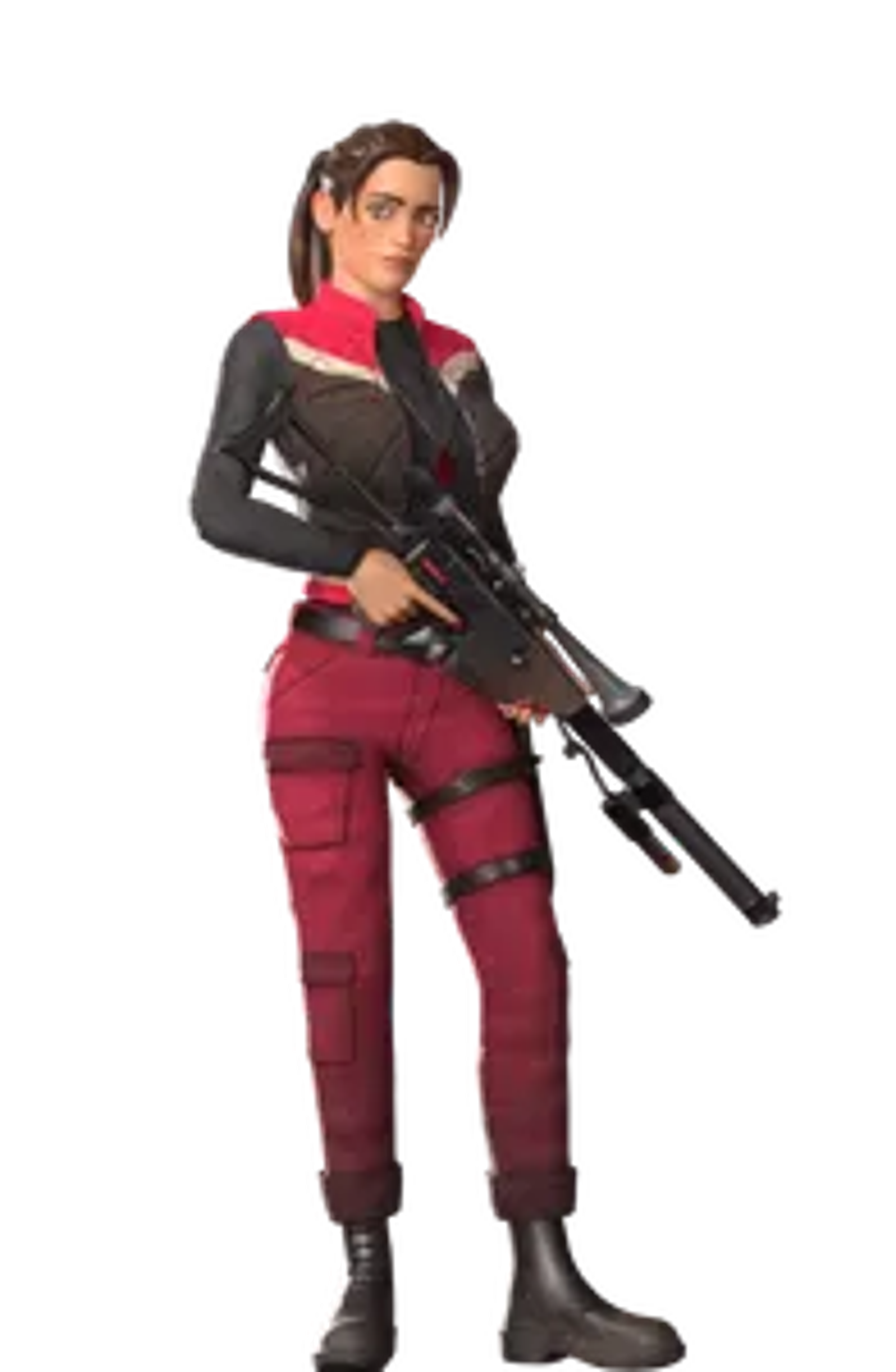 A female mercenary character with a gun, wearing a red and black tactical outfit.