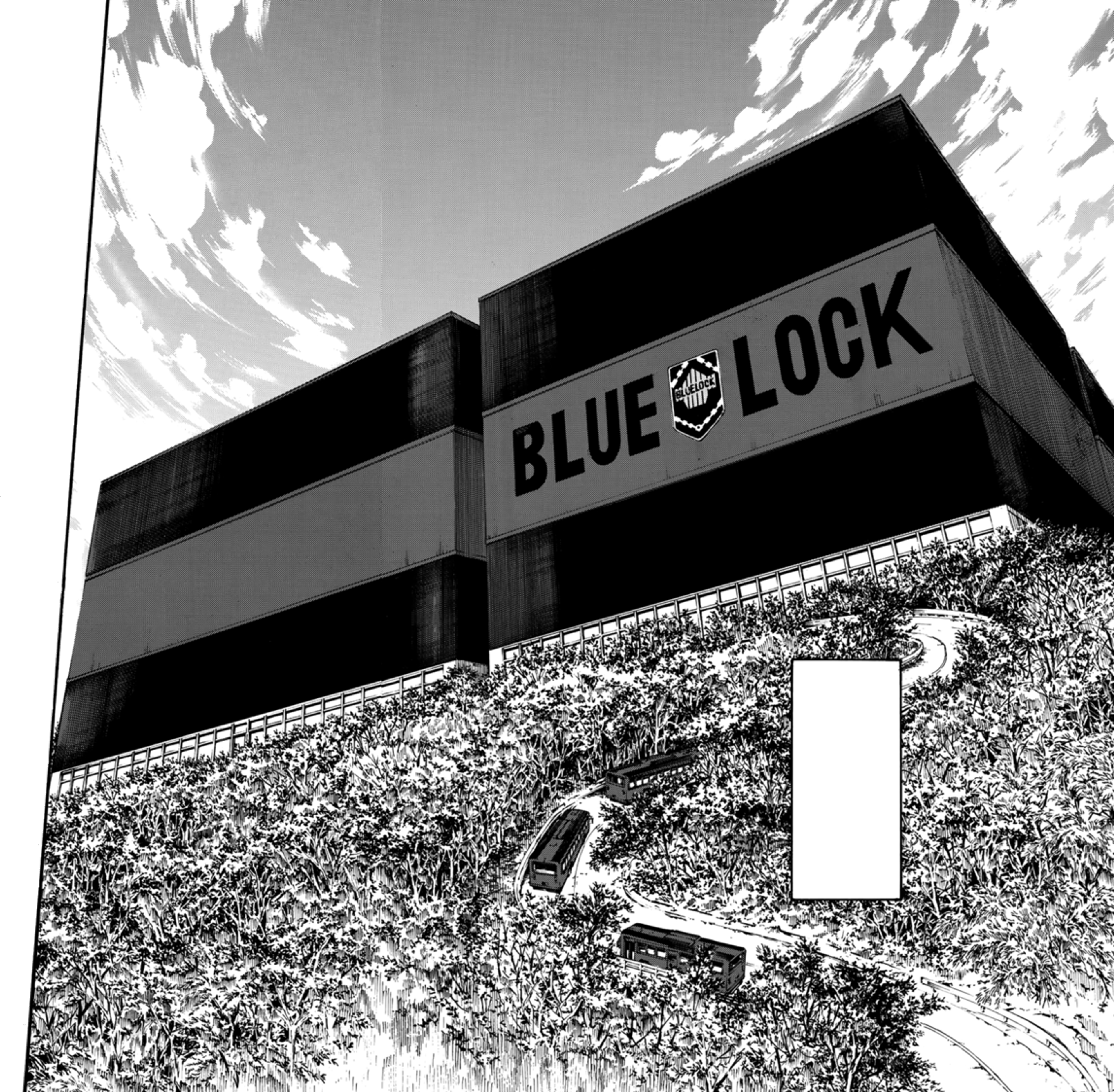 A large sports facility or training center called 'Blue Lock'