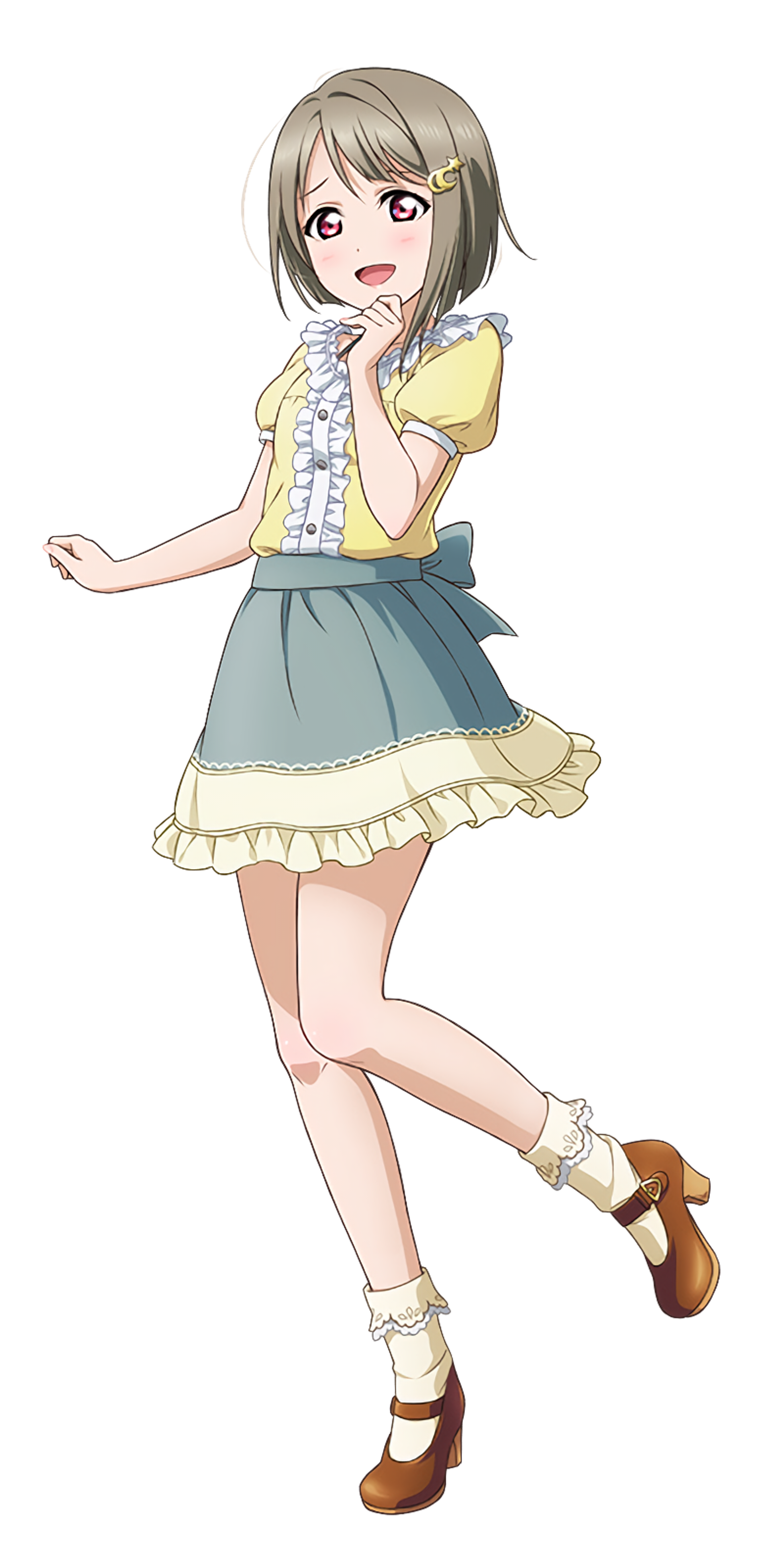 An anime-style character with grey-brown hair, a yellow blouse, green skirt, and brown boots, in a playful pose.