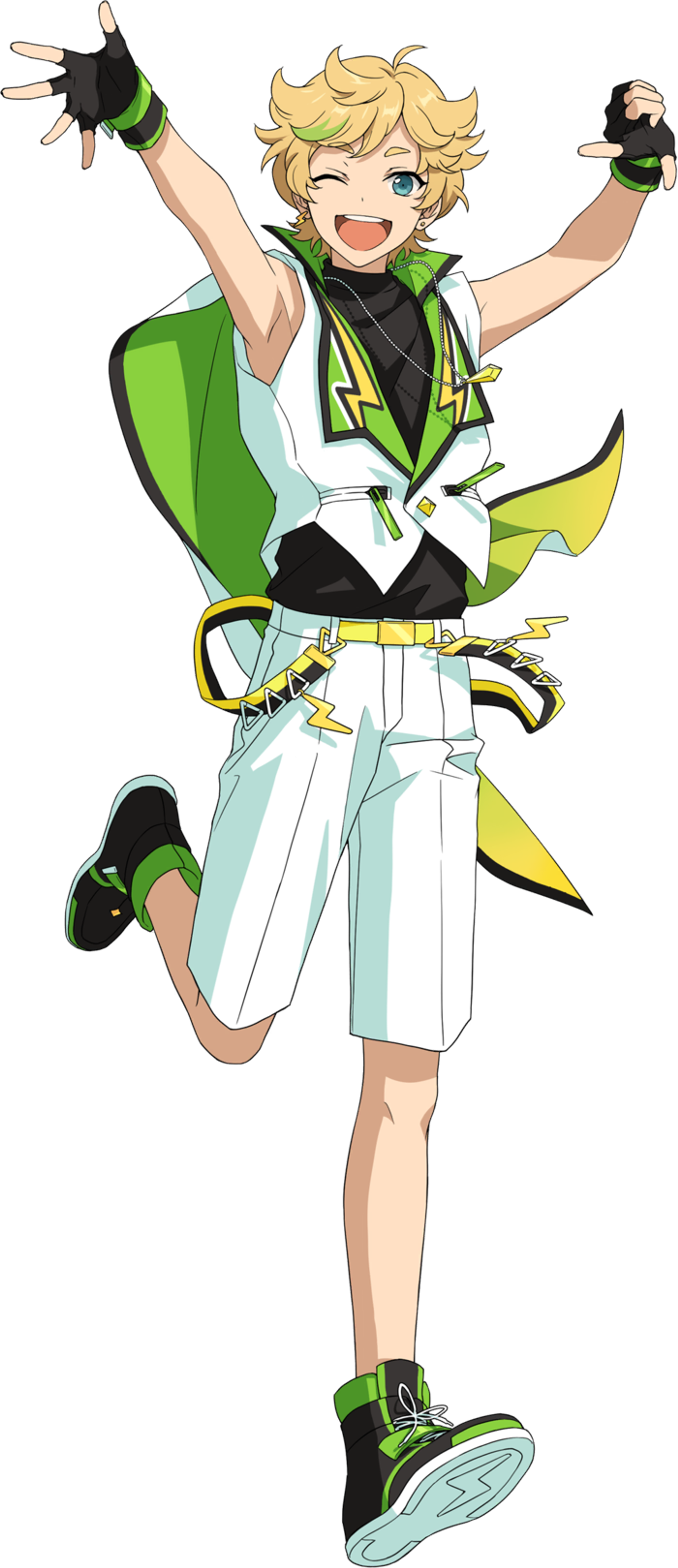 An anime character with blonde hair and a green jacket striking a celebratory pose.