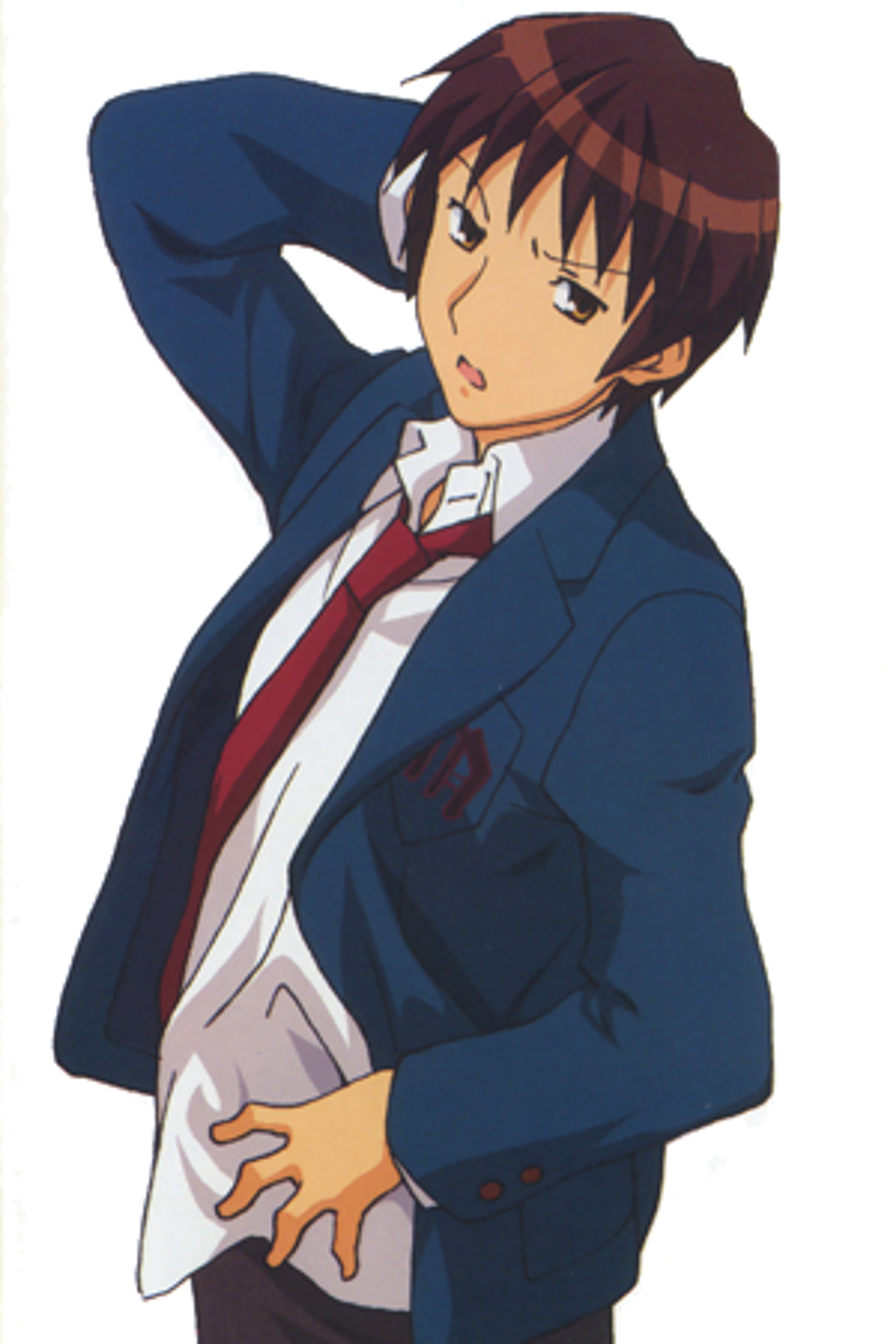 An anime-style character in a school uniform with a slightly cynical expression