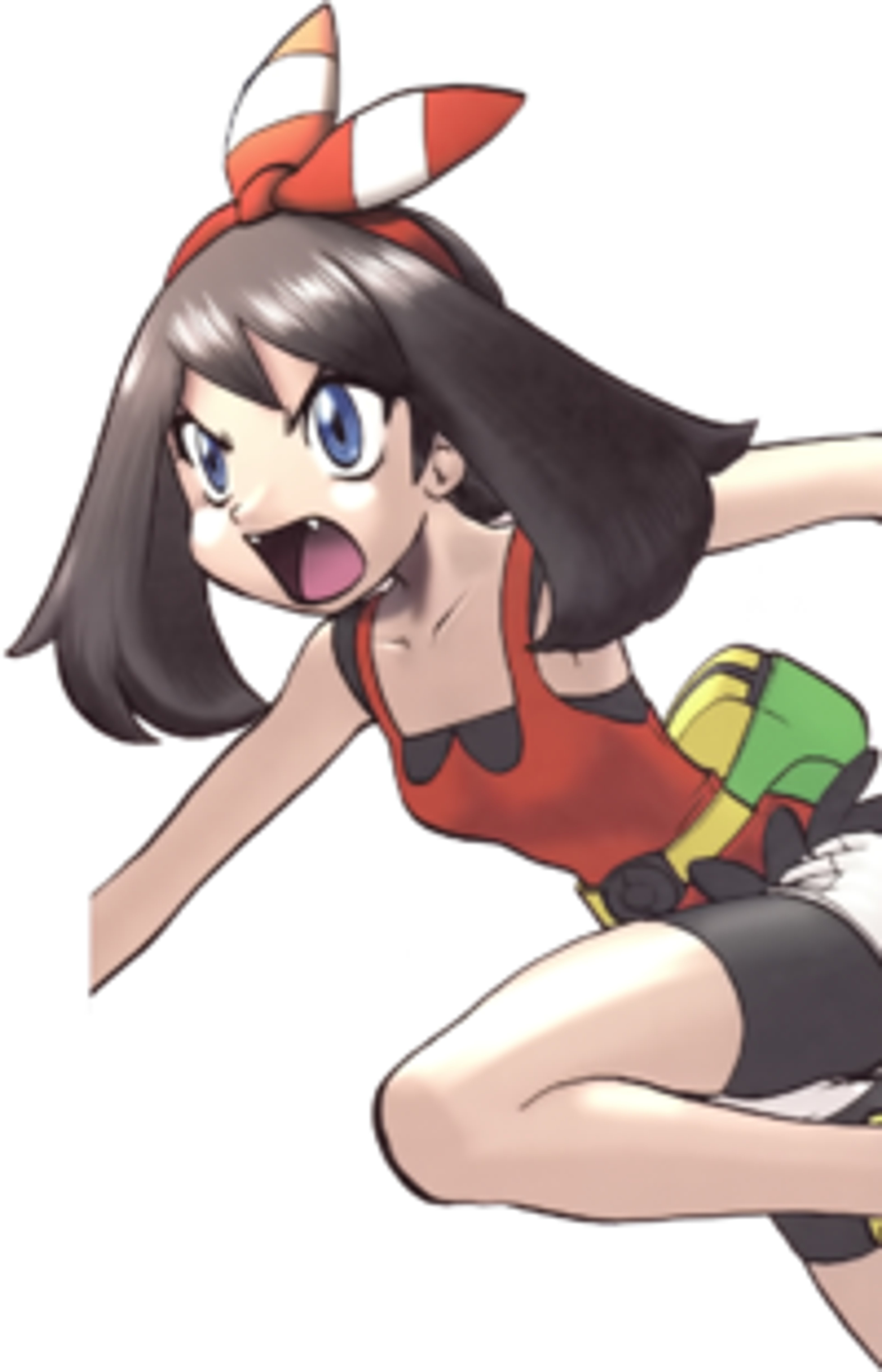 A young, wild-looking Pokémon trainer with long brown hair and blue eyes in an energetic pose.