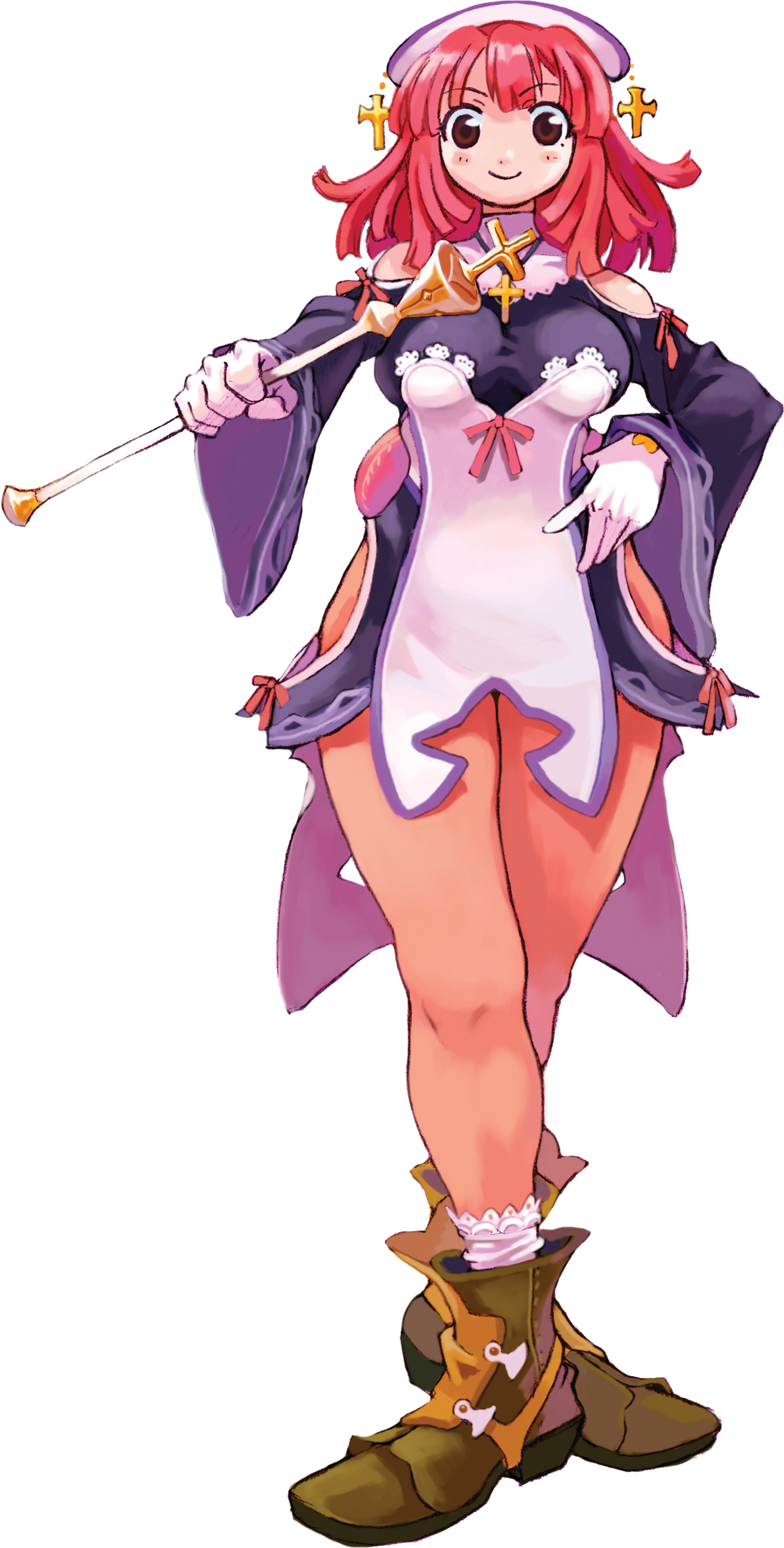 An anime-style character with red hair and a purple outfit holding a staff or weapon