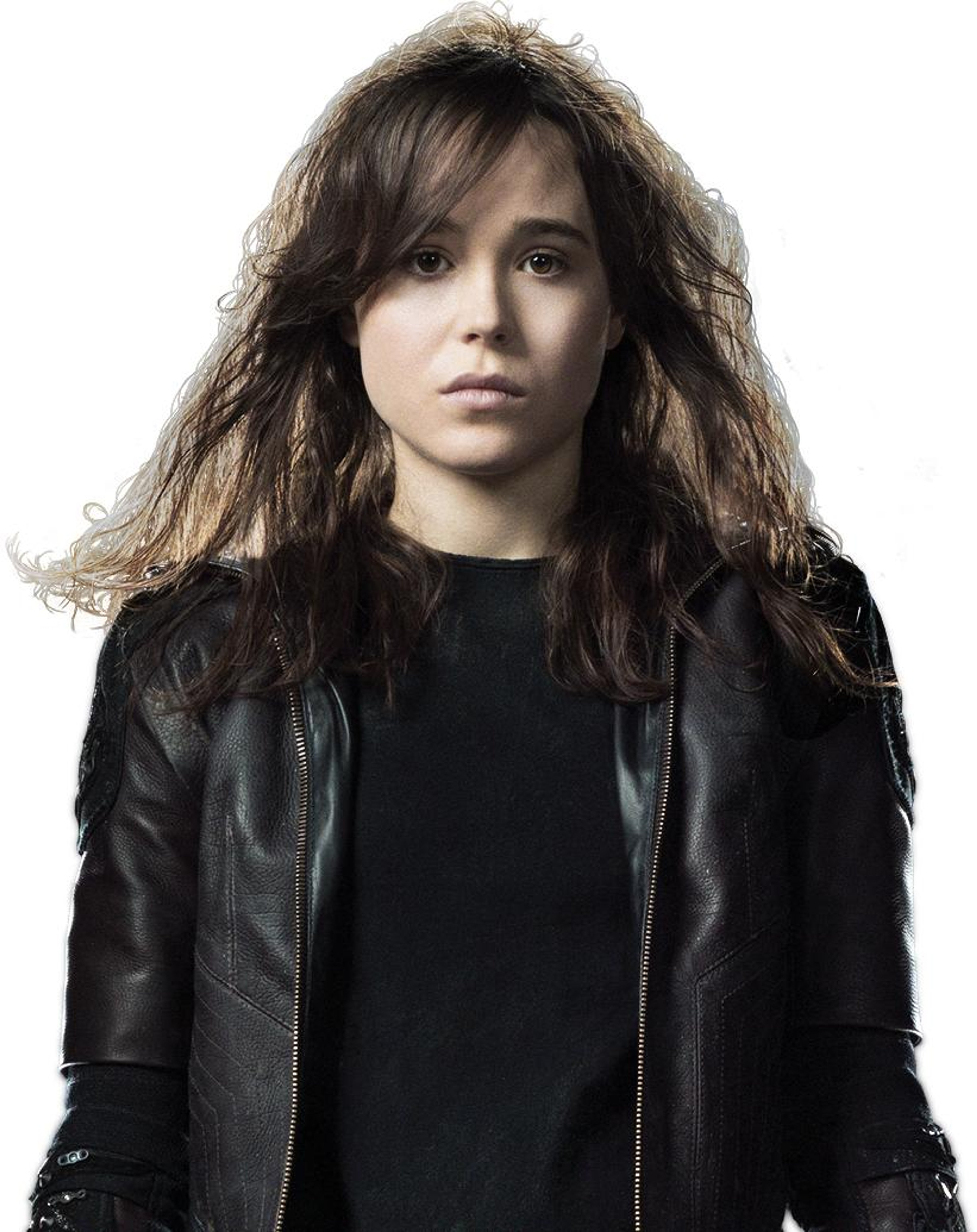 A young woman with dark curly hair wearing a black leather jacket, looking serious.