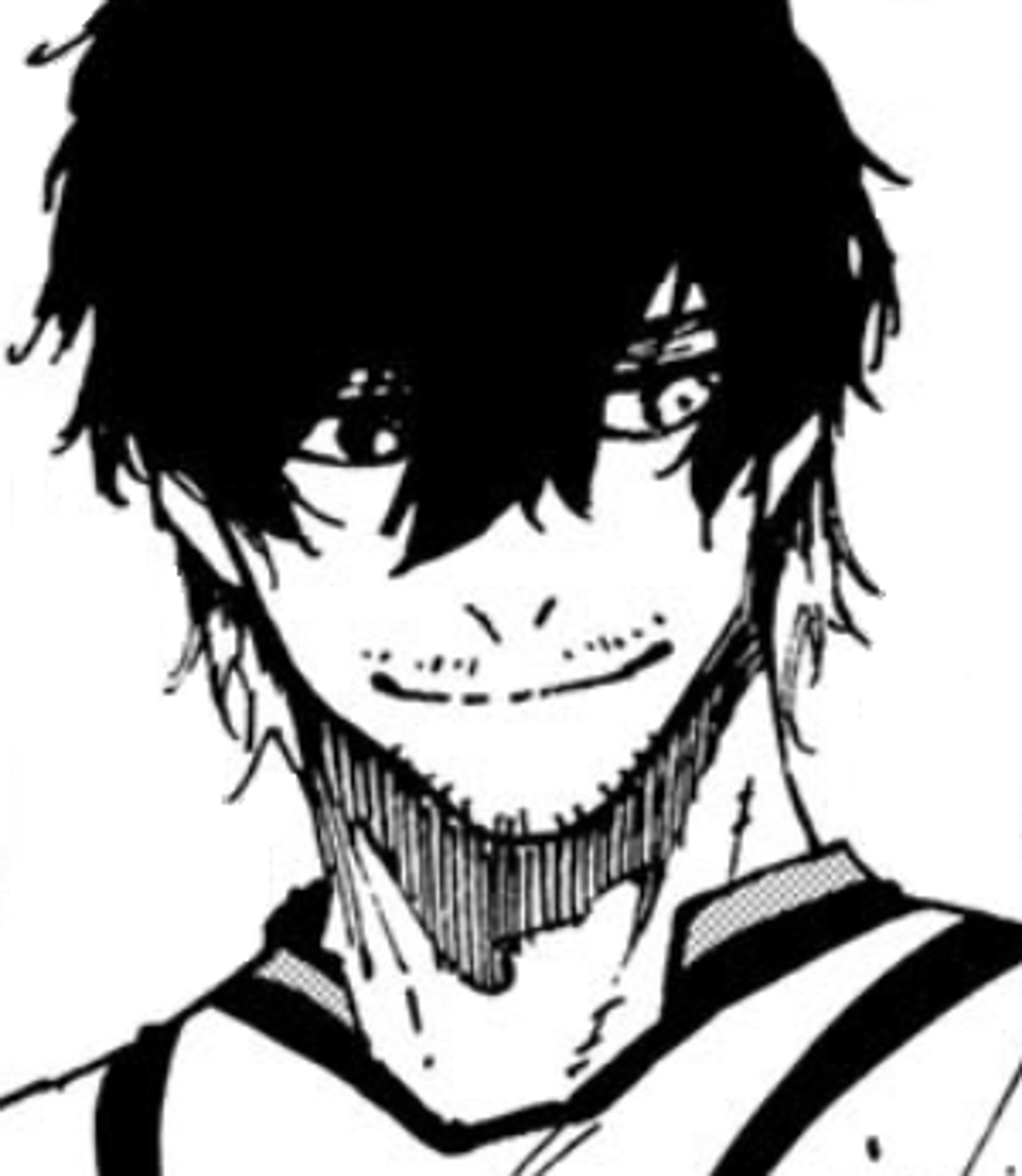 A young man with shaggy purple and green hair and heterochromic eyes in a black and white manga-style illustration