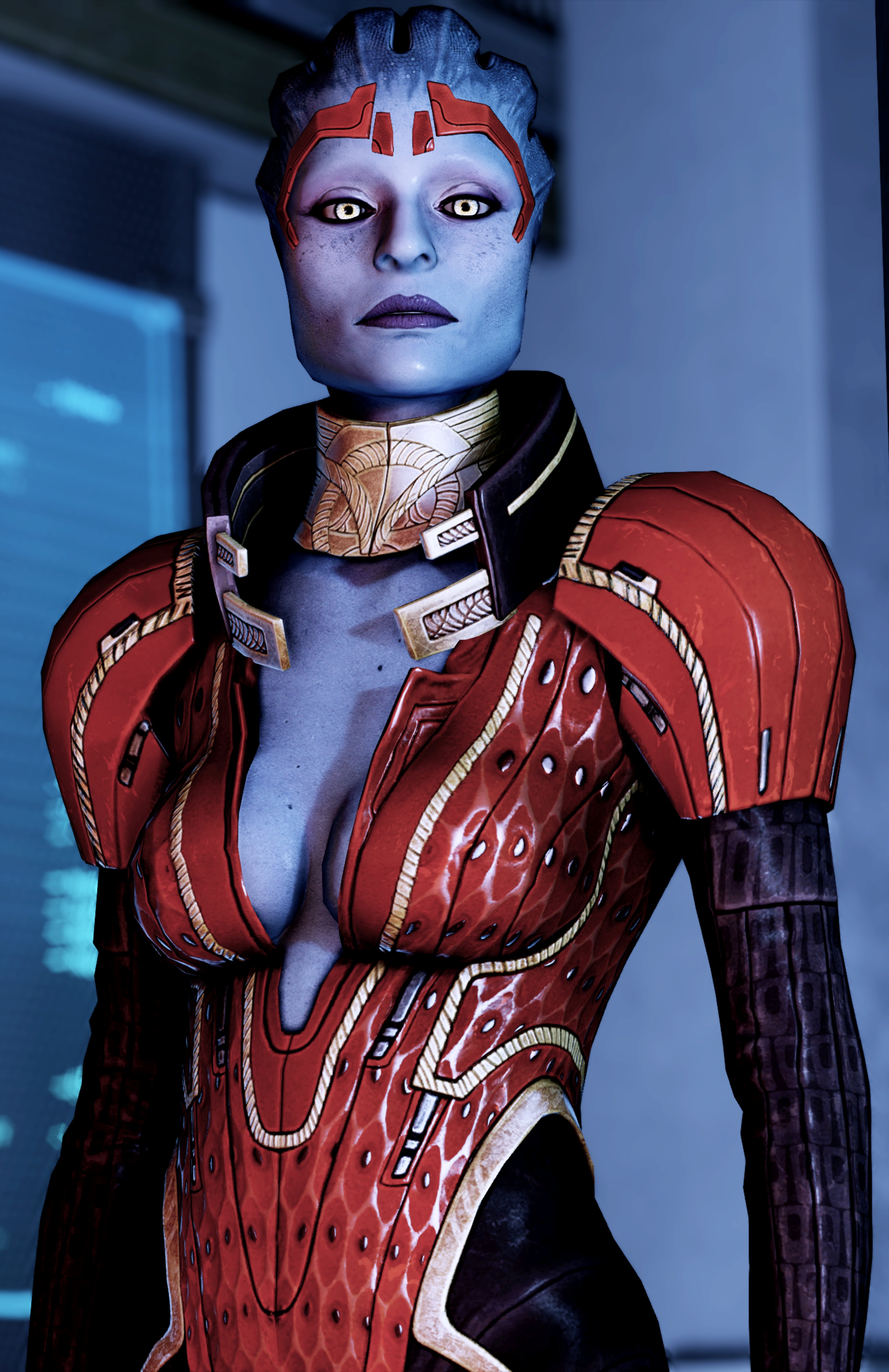 A blue-skinned female humanoid character in a red and gold bodysuit