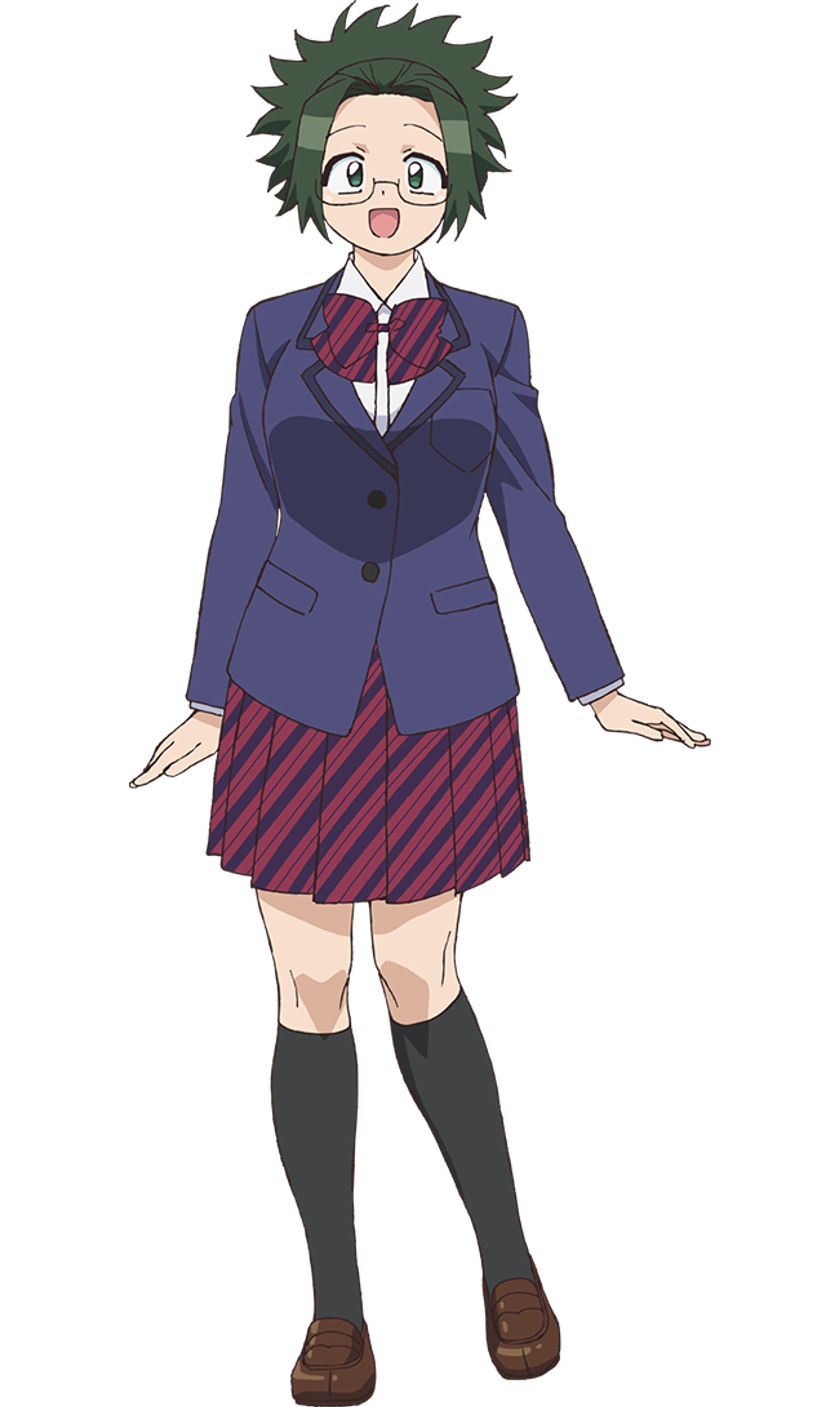 An anime-style character with curly brown hair, wearing a purple blazer, red and white striped skirt, and black stockings.