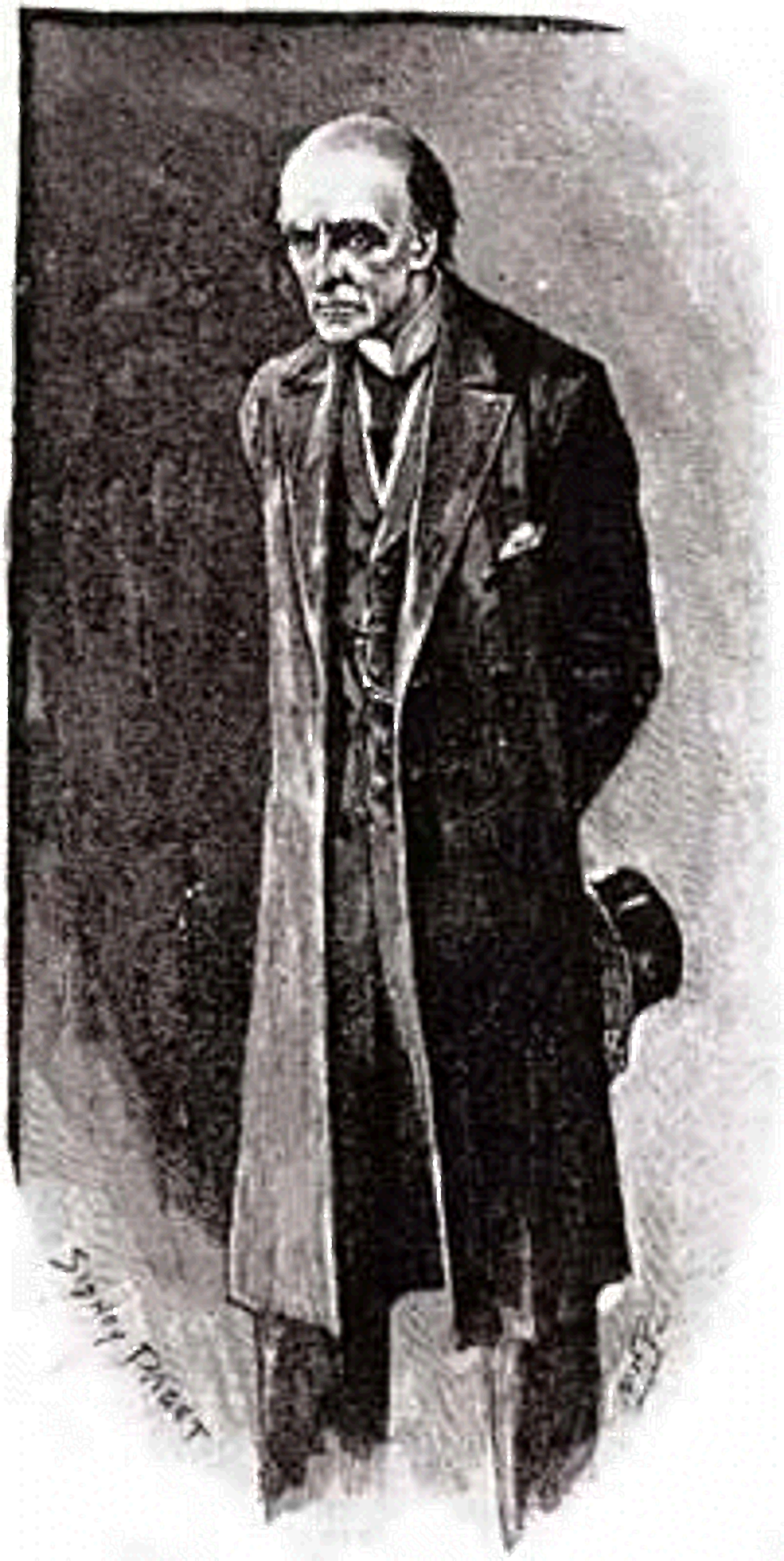 An older man with a stern expression, wearing a dark coat and hat