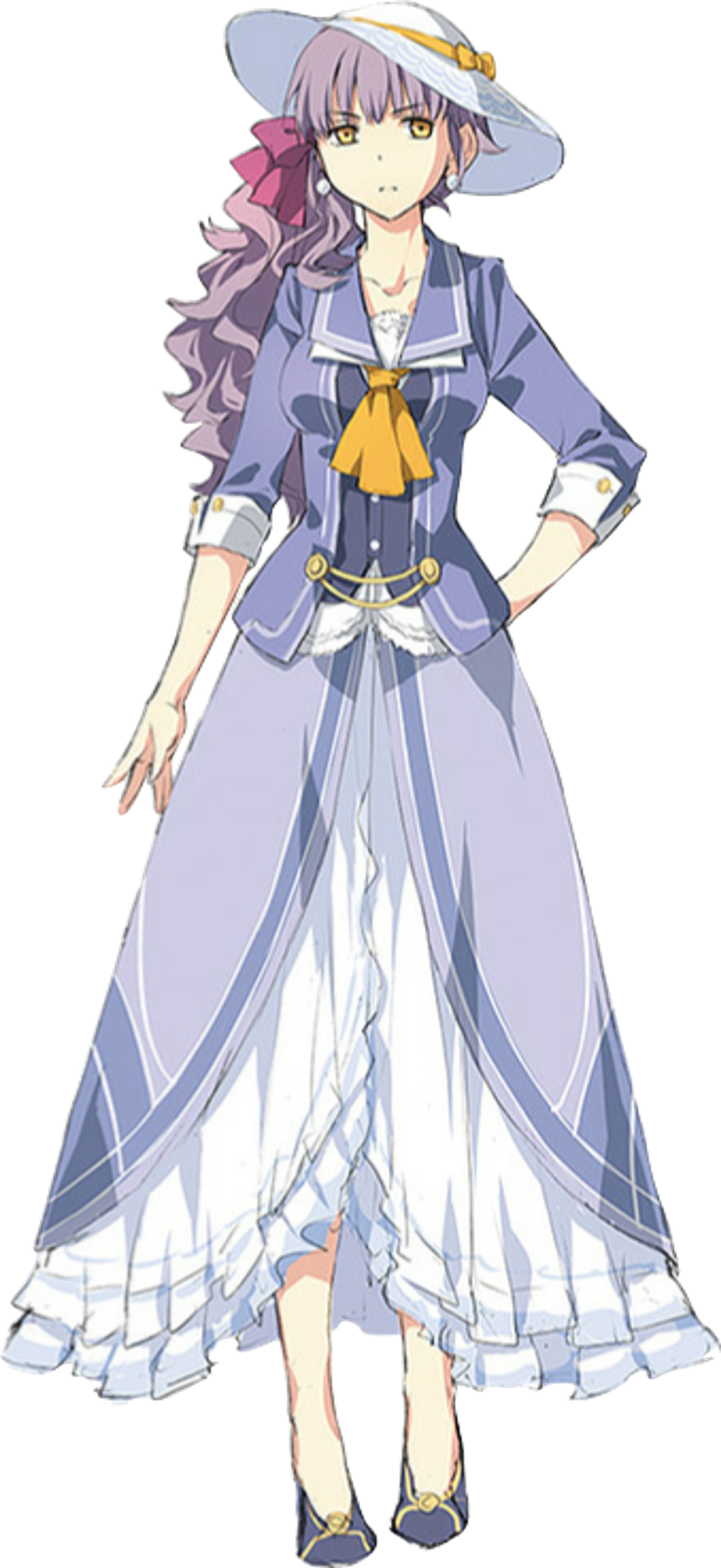 A young noblewoman in a military-style uniform with lavender hair and amber eyes
