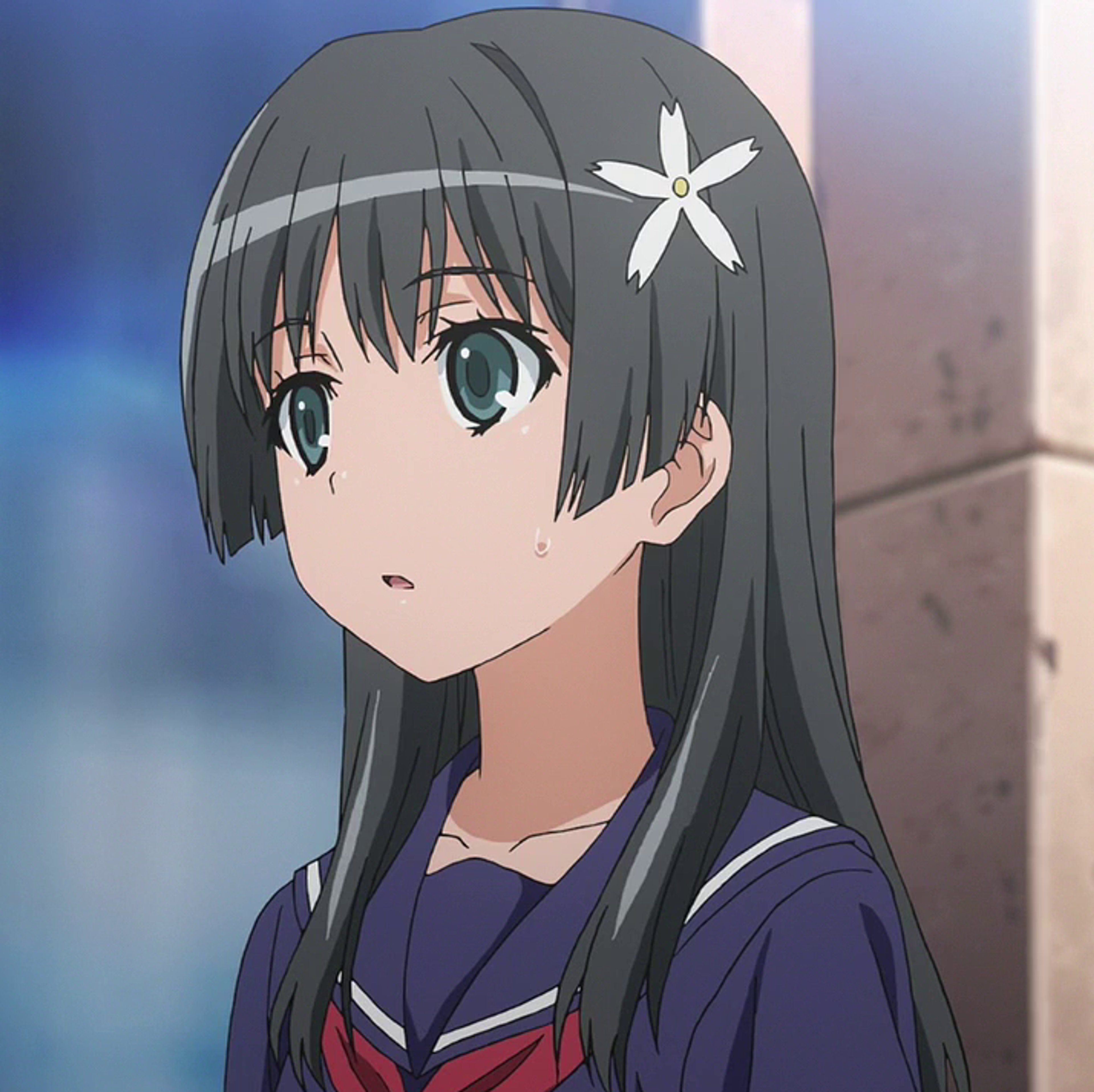 An anime-style character with long dark hair and a flower hair accessory, wearing a school uniform.