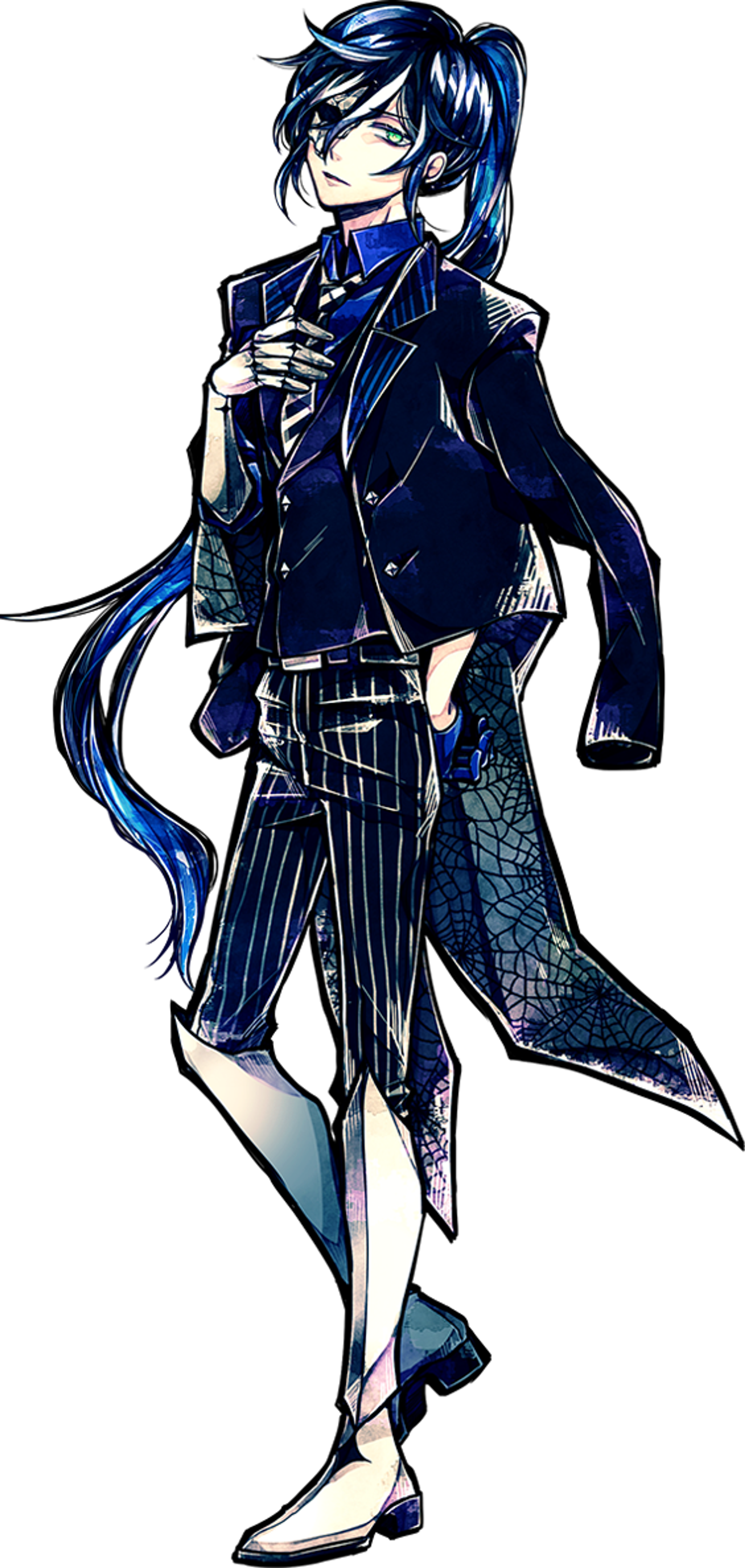 An anime-style character with dark blue hair in a butler uniform, with a prosthetic right arm and an injured right eye.