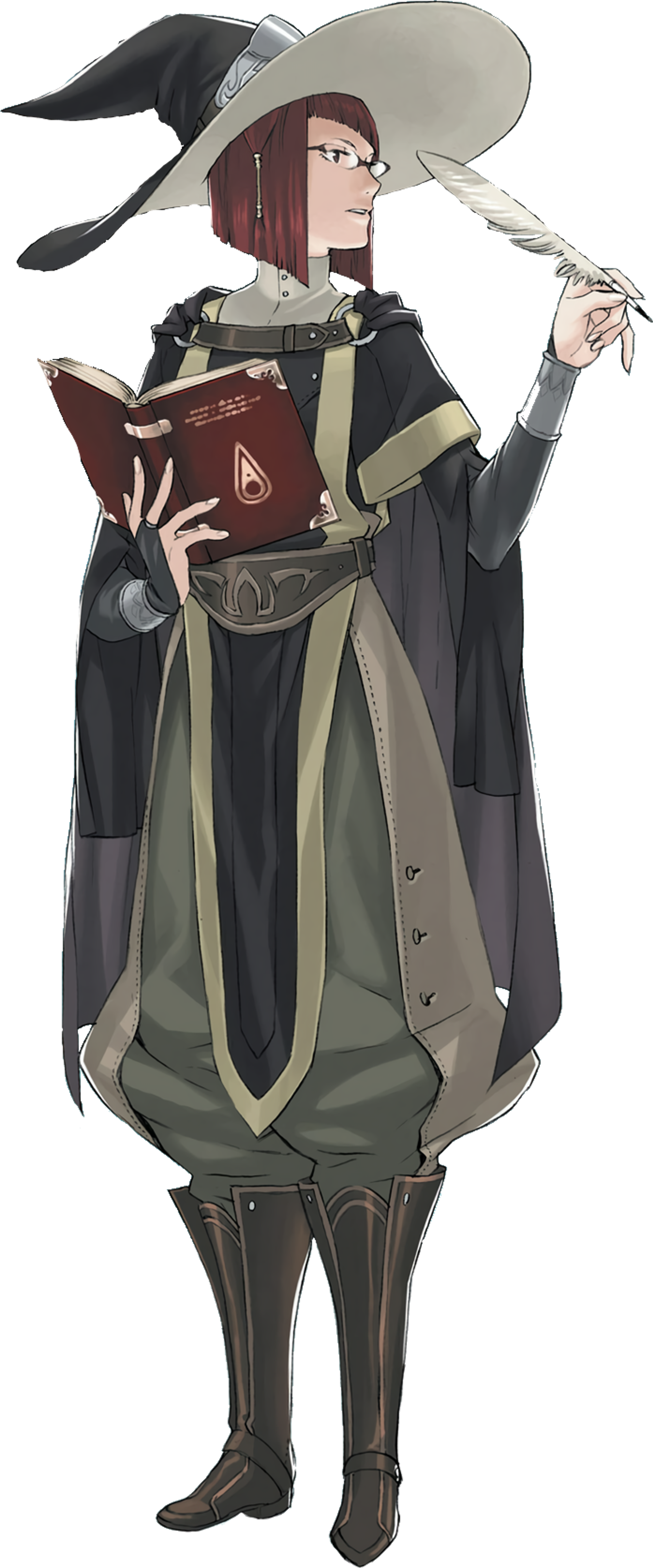 A female character in a dark robe holding an open book, with a serious, focused expression.