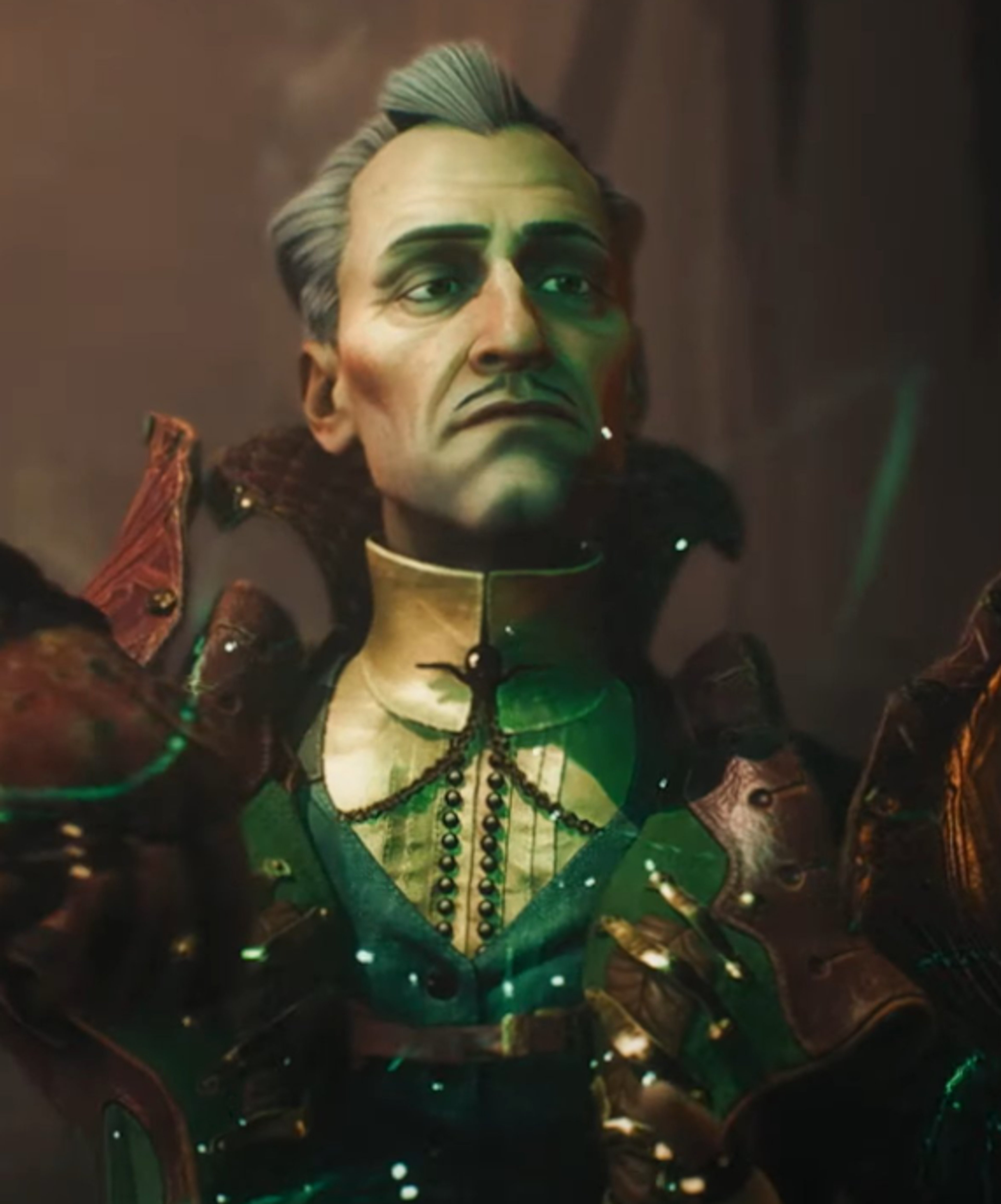 A detailed fantasy character portrait of a male necromancer or mage with green skin, pointed ears, and ornate clothing.