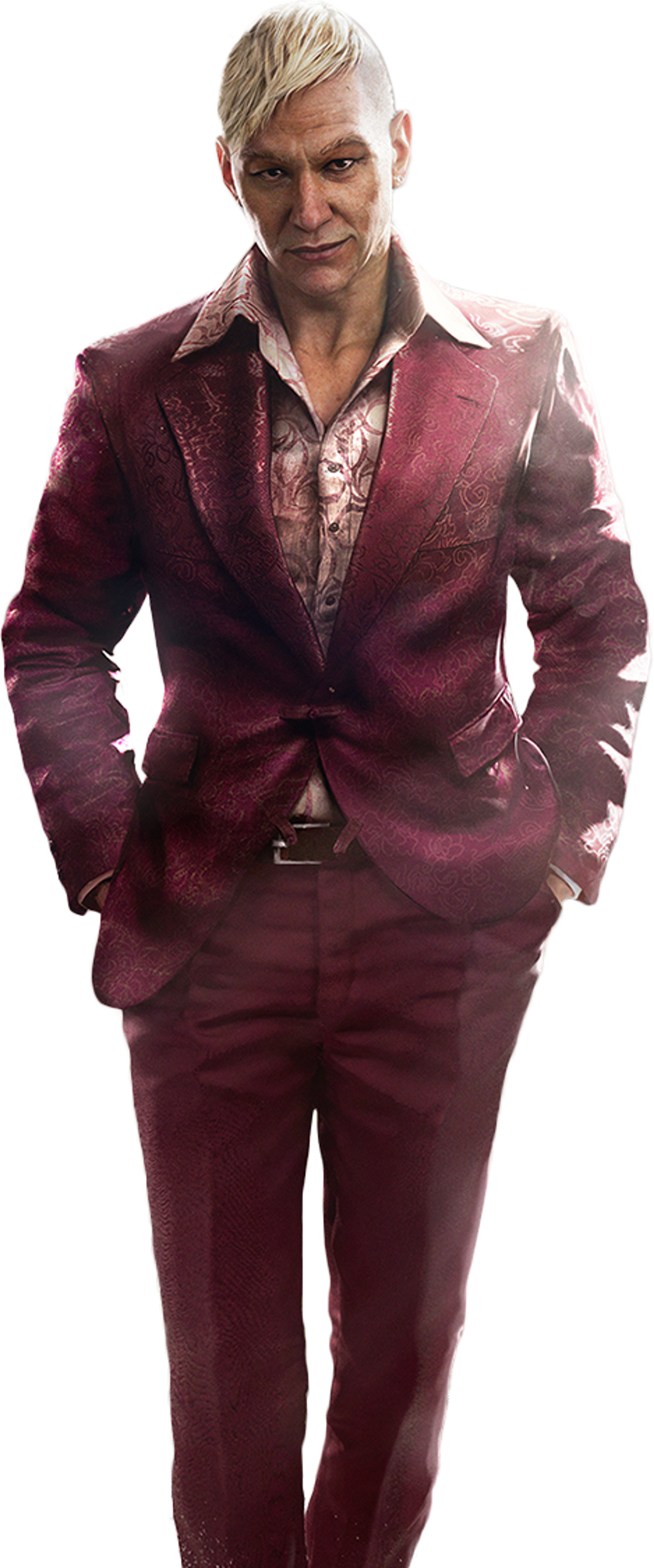 A man in a burgundy suit with a serious expression