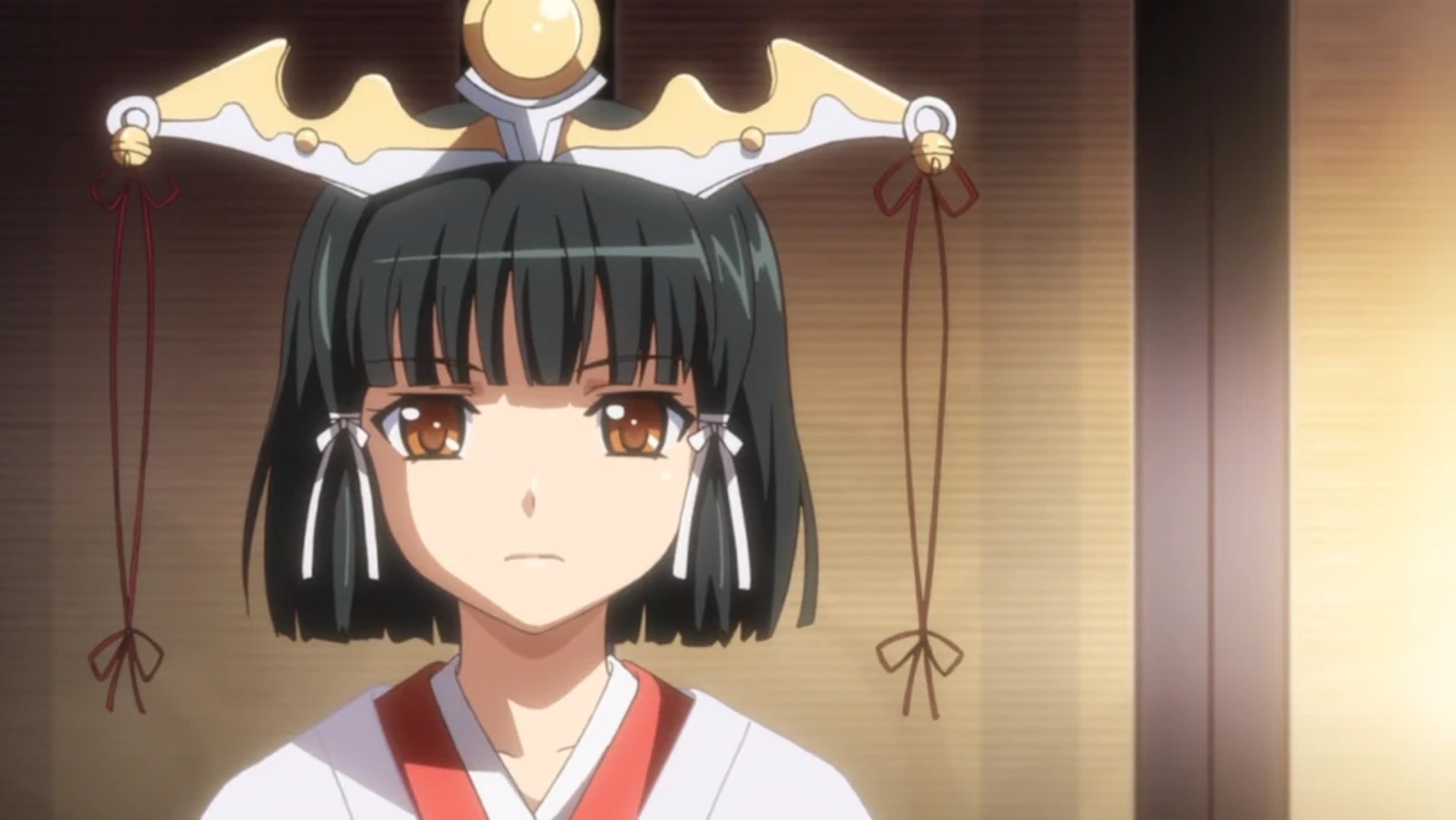 A young woman in a traditional Japanese priestess outfit with a calm, stoic expression