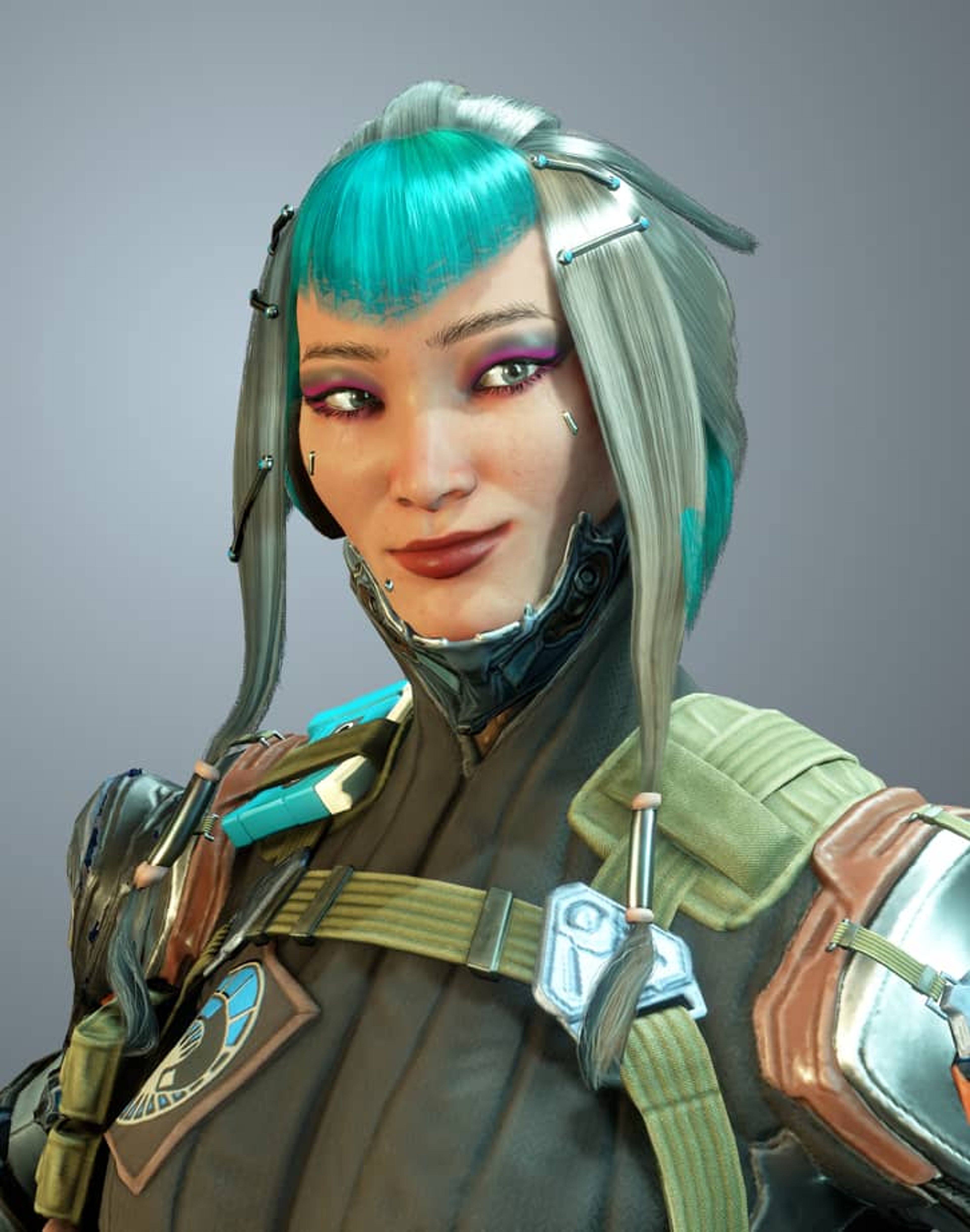A character with teal and silver hair wearing a military-style outfit