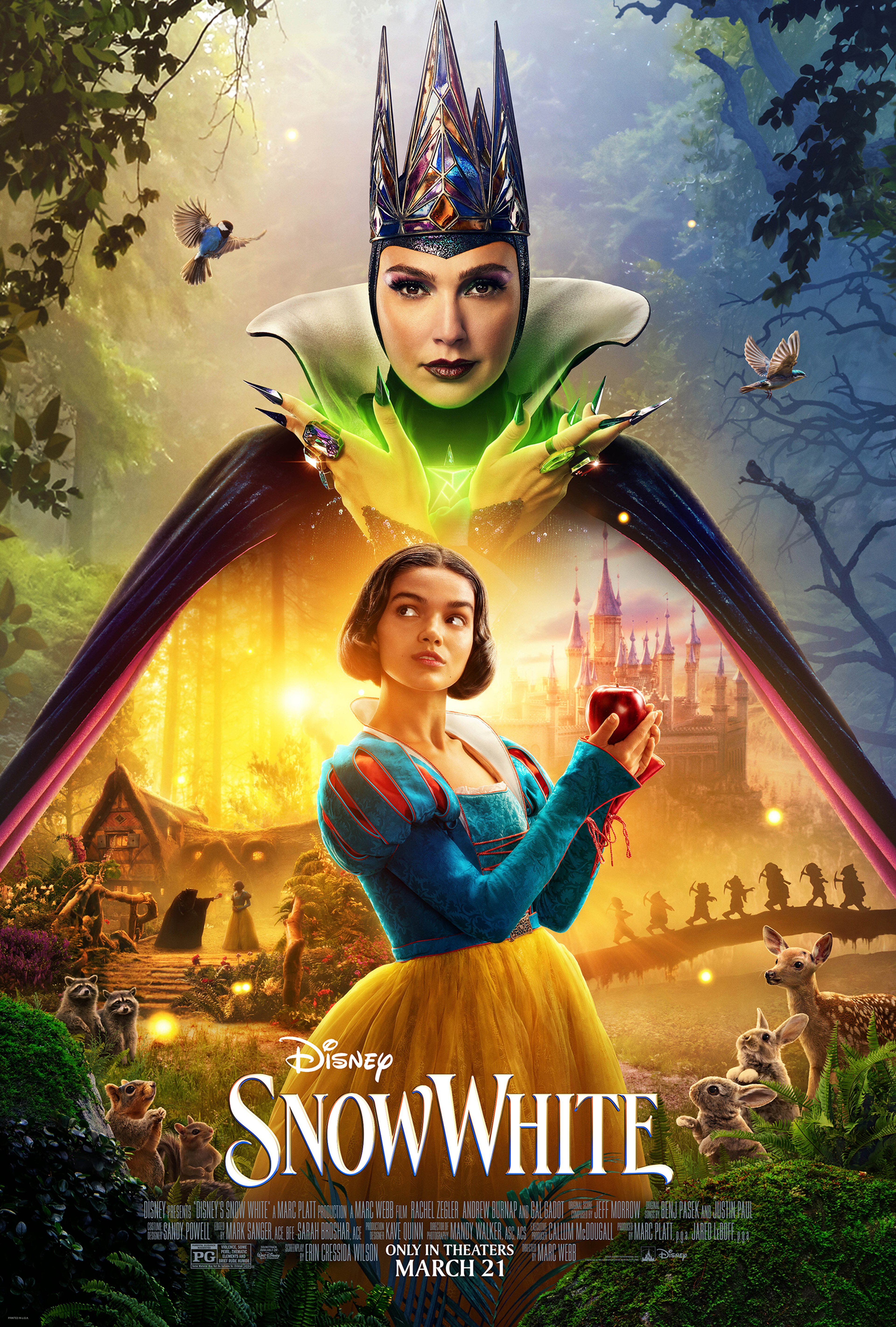 A live-action adaptation of the Disney character Snow White, standing in a forest setting with the Evil Queen character looming over her.