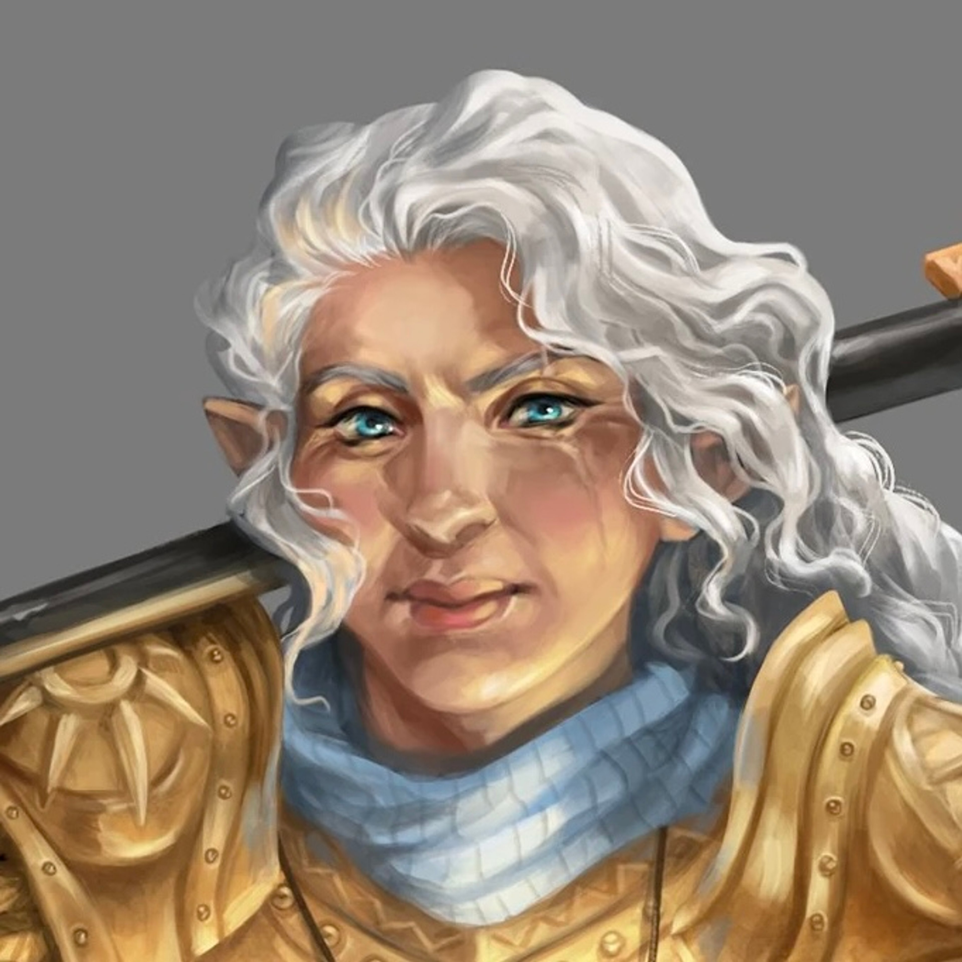 A portrait of a female gnome cleric with white hair and a kind expression.