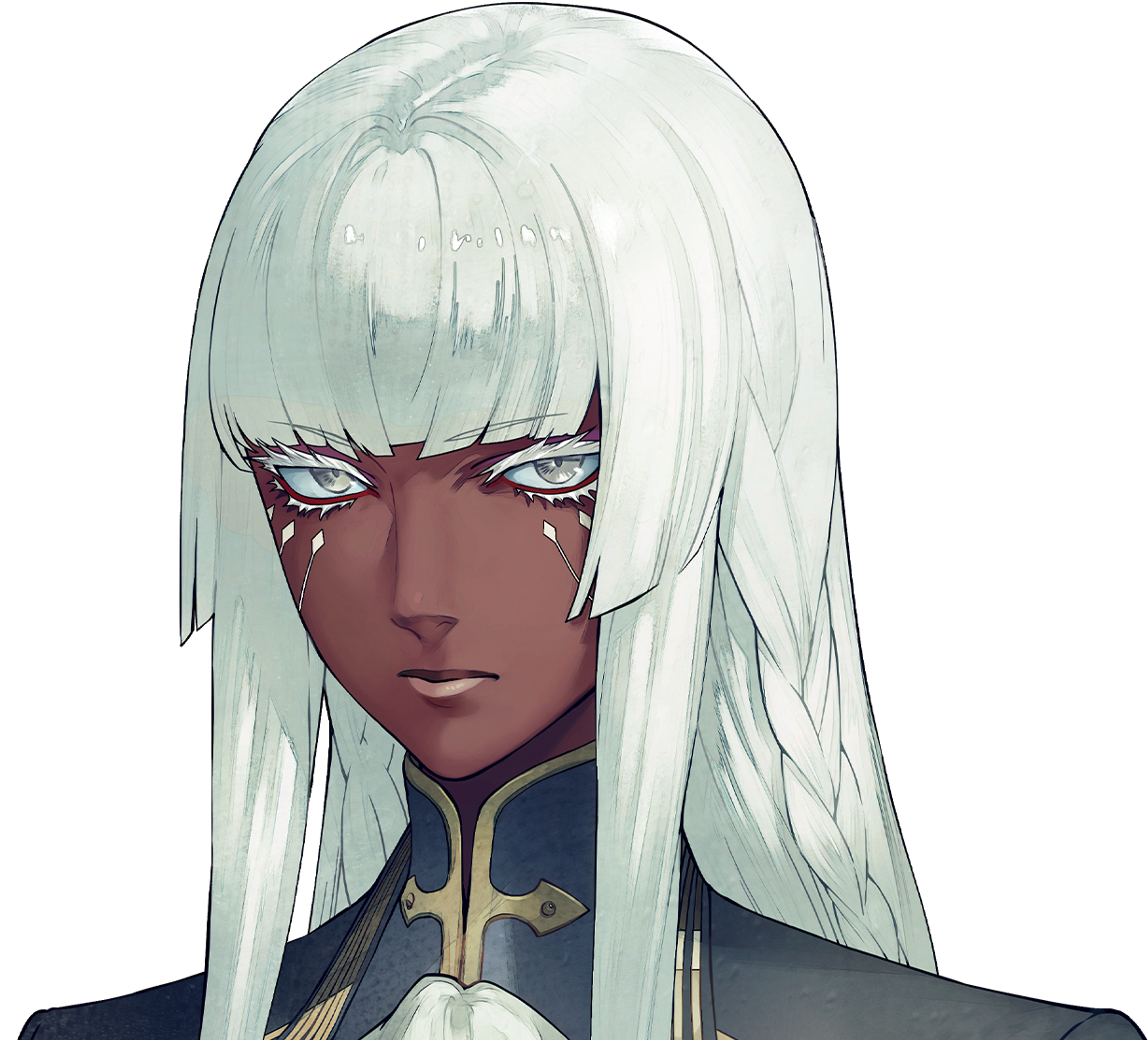 A woman with long white hair and red eyes wearing an ornate military-style uniform