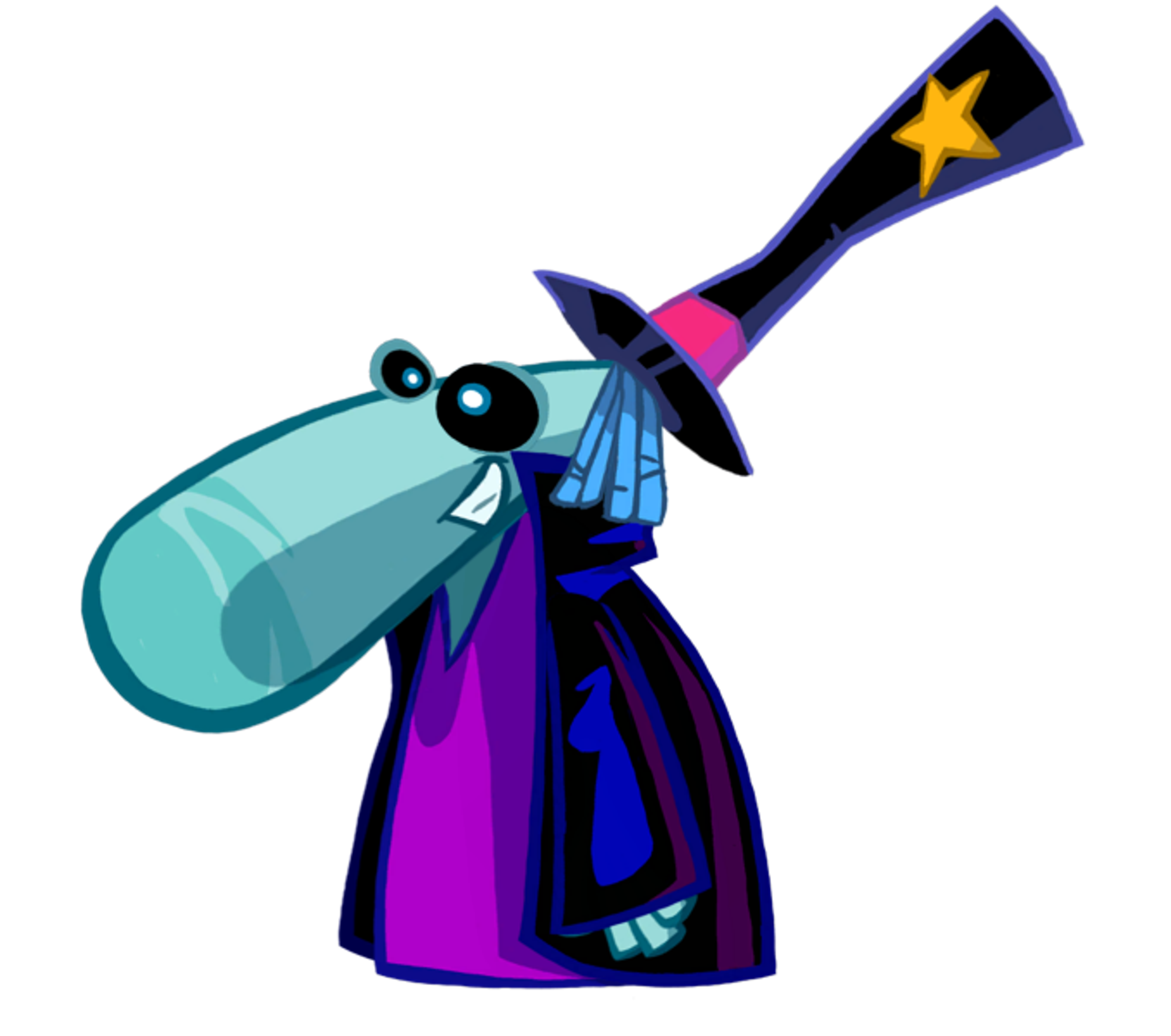A sorcerer-like character with a large head and long nose, wearing a purple robe and holding a magical wand.