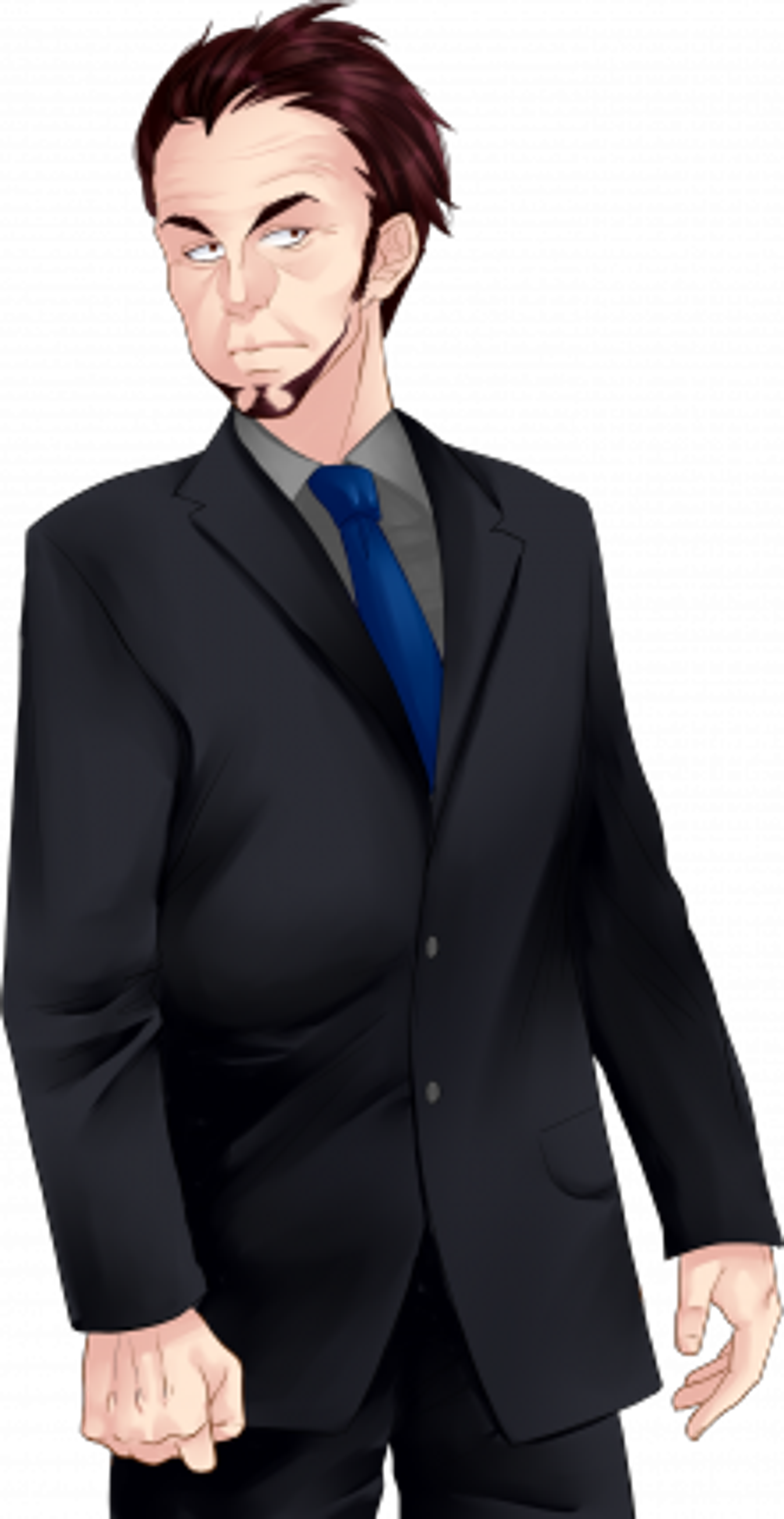 A serious-looking man in a black suit and blue tie