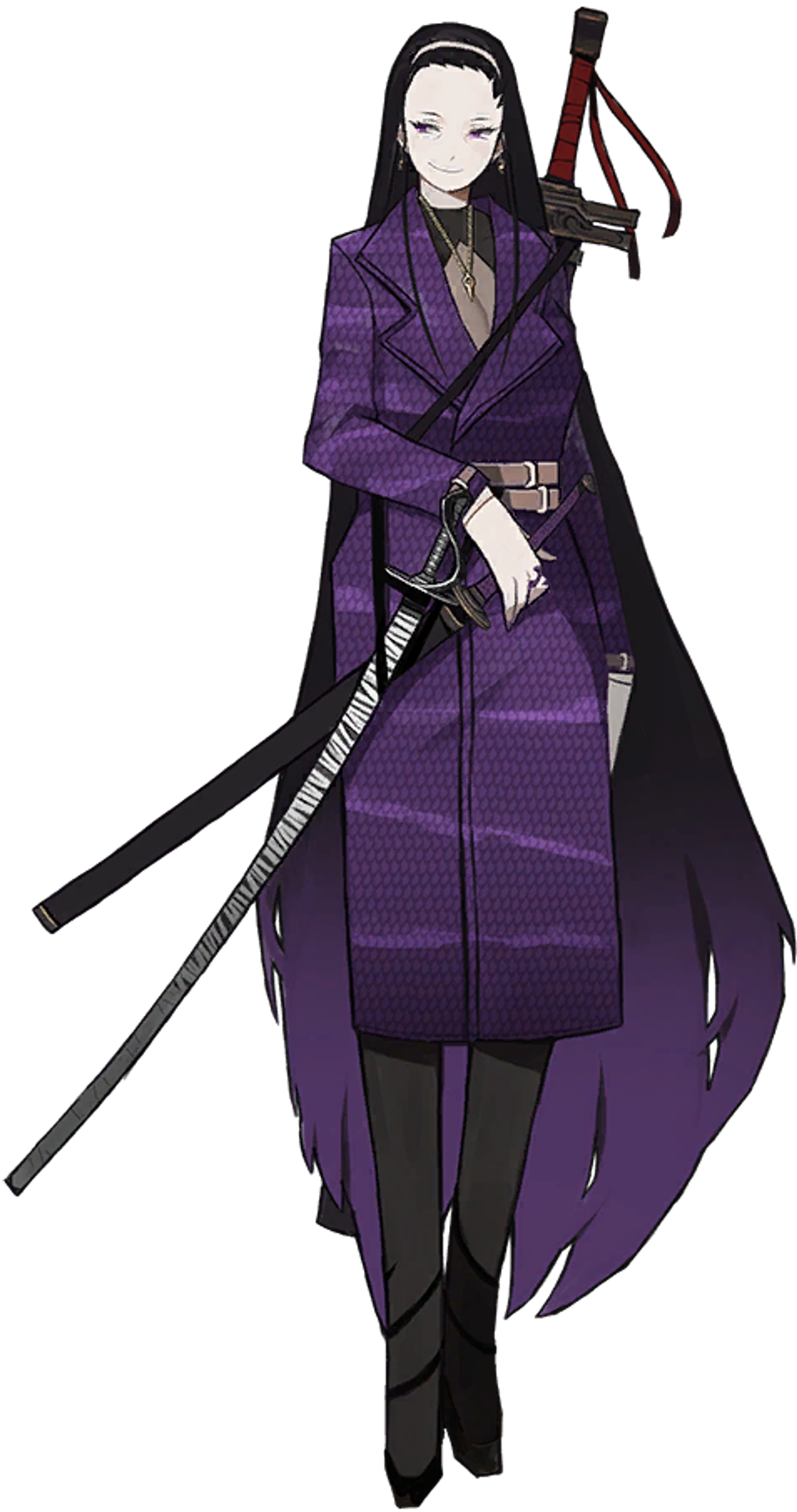 A tall, purple-haired woman in a long purple robe holding three weapons