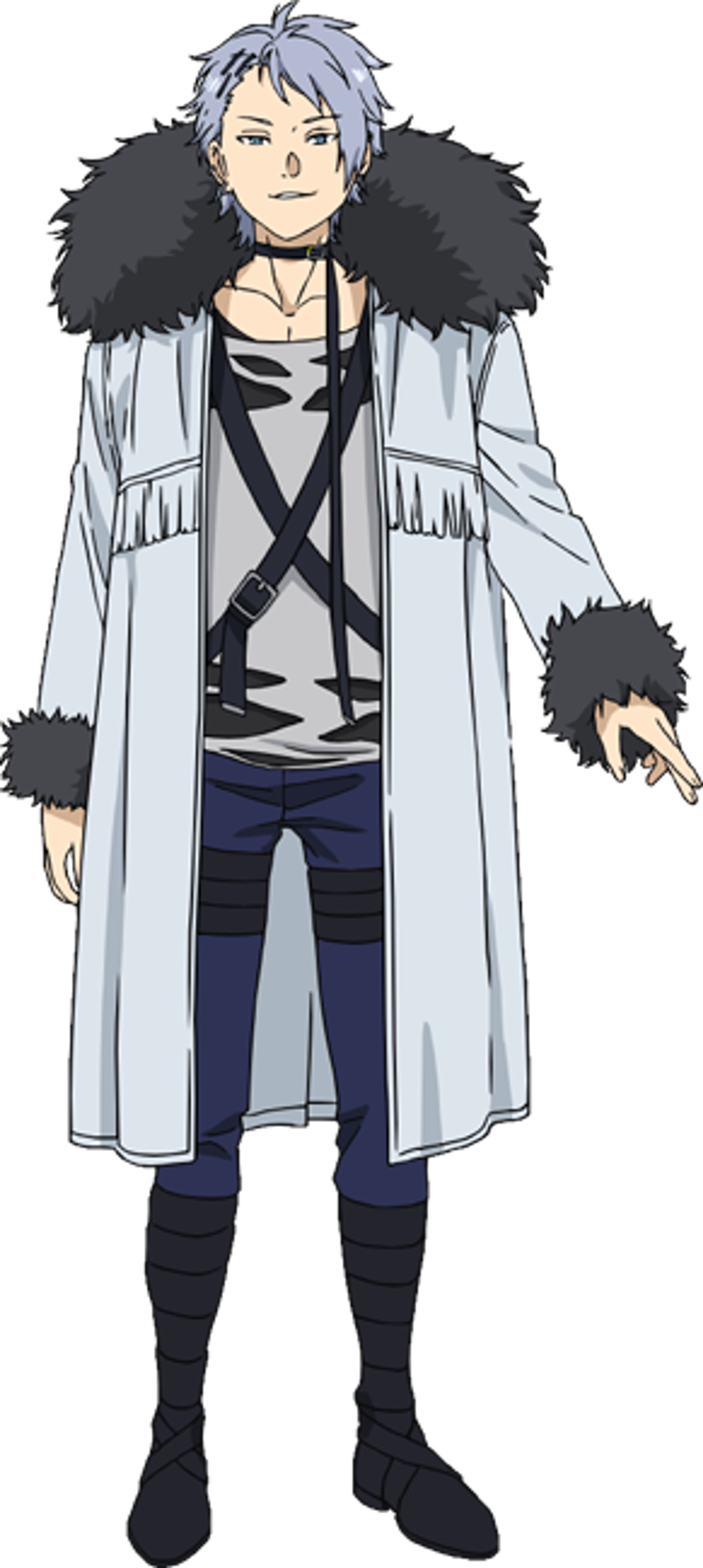 A character with messy gray hair, multiple earrings, and a long white coat with black fur trim.