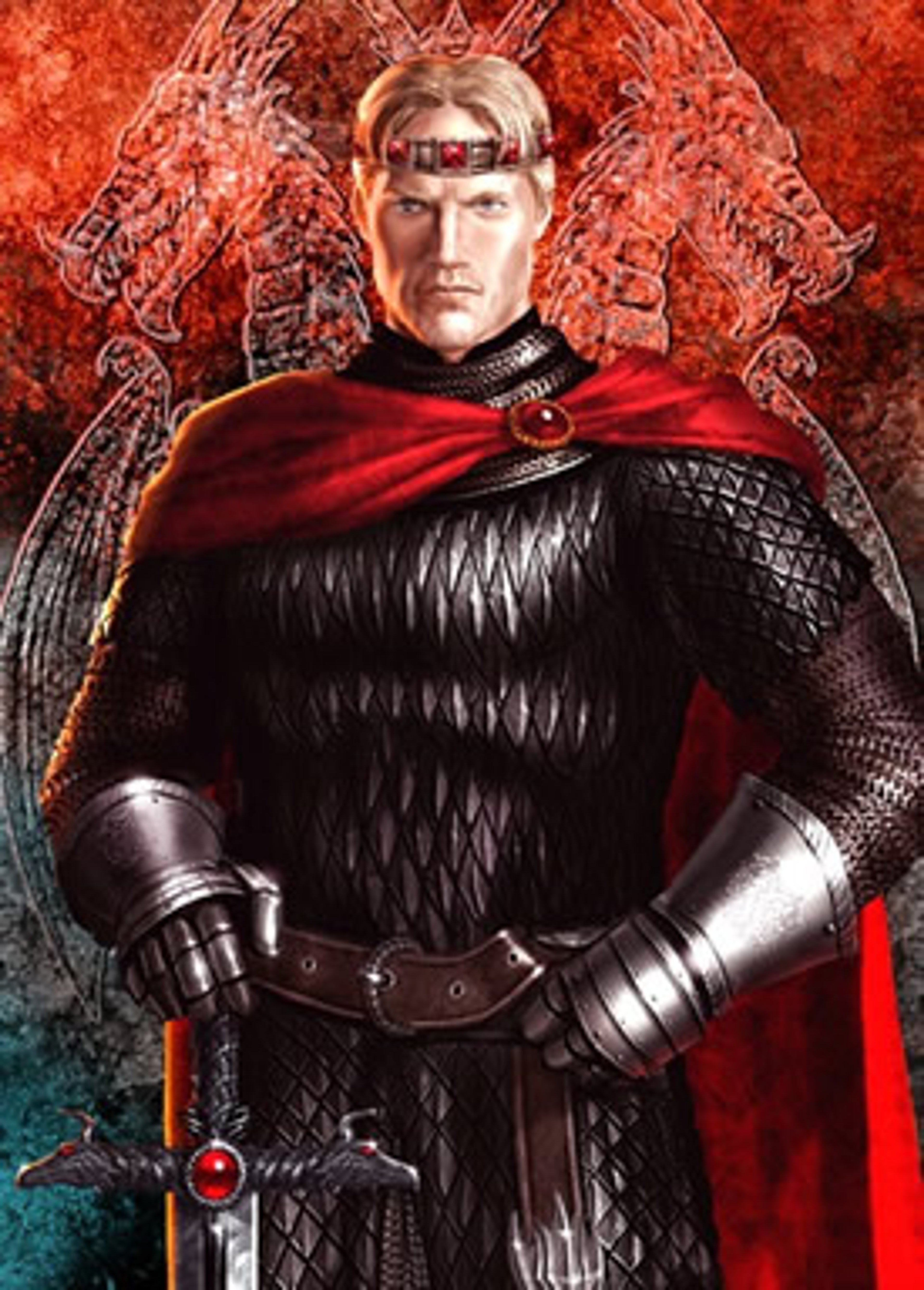 A powerful and imposing figure in black armor and a red cape, with silver-gold hair and purple eyes.