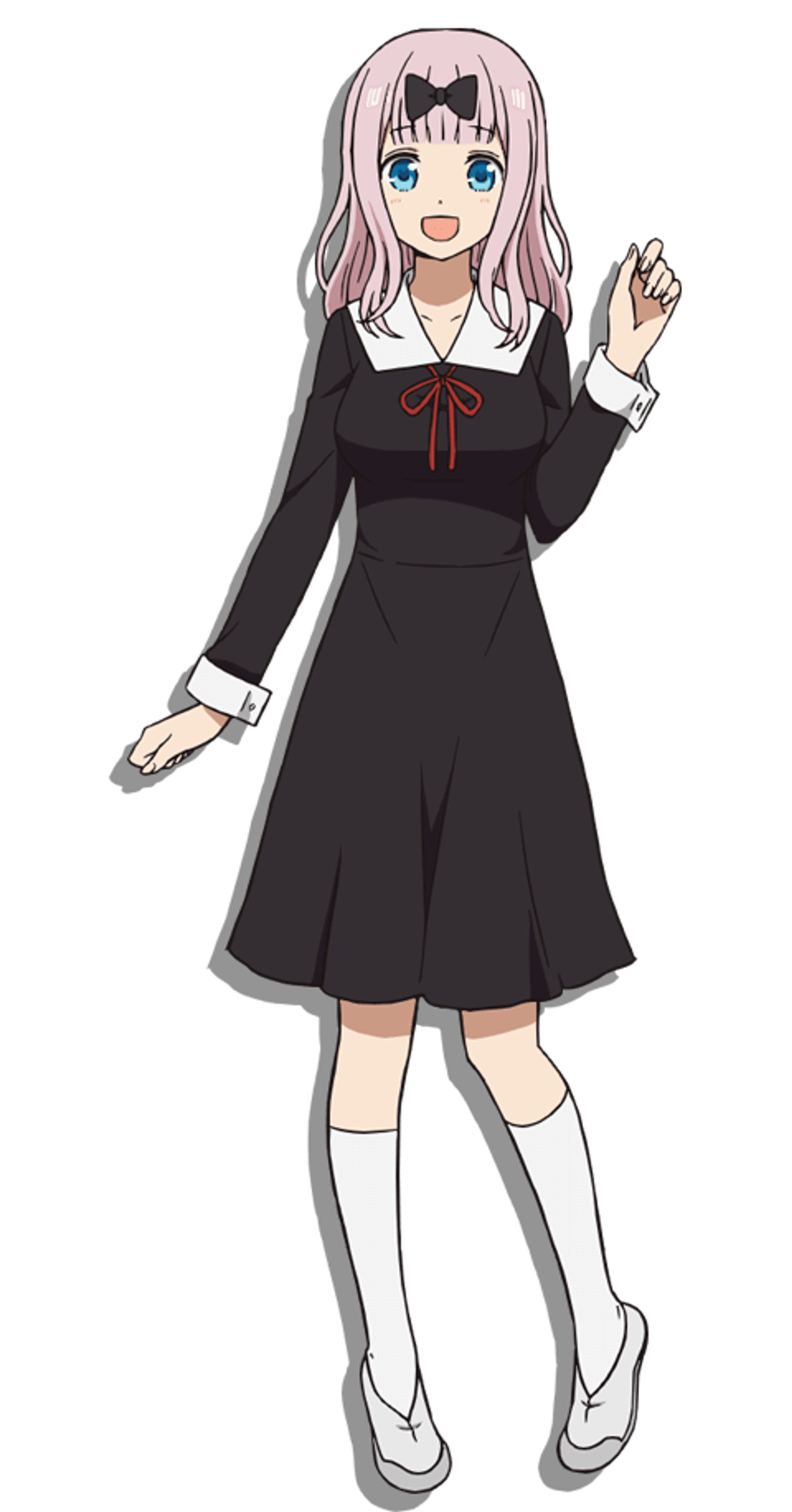 An anime-style character with pink hair wearing a black dress and red bow tie