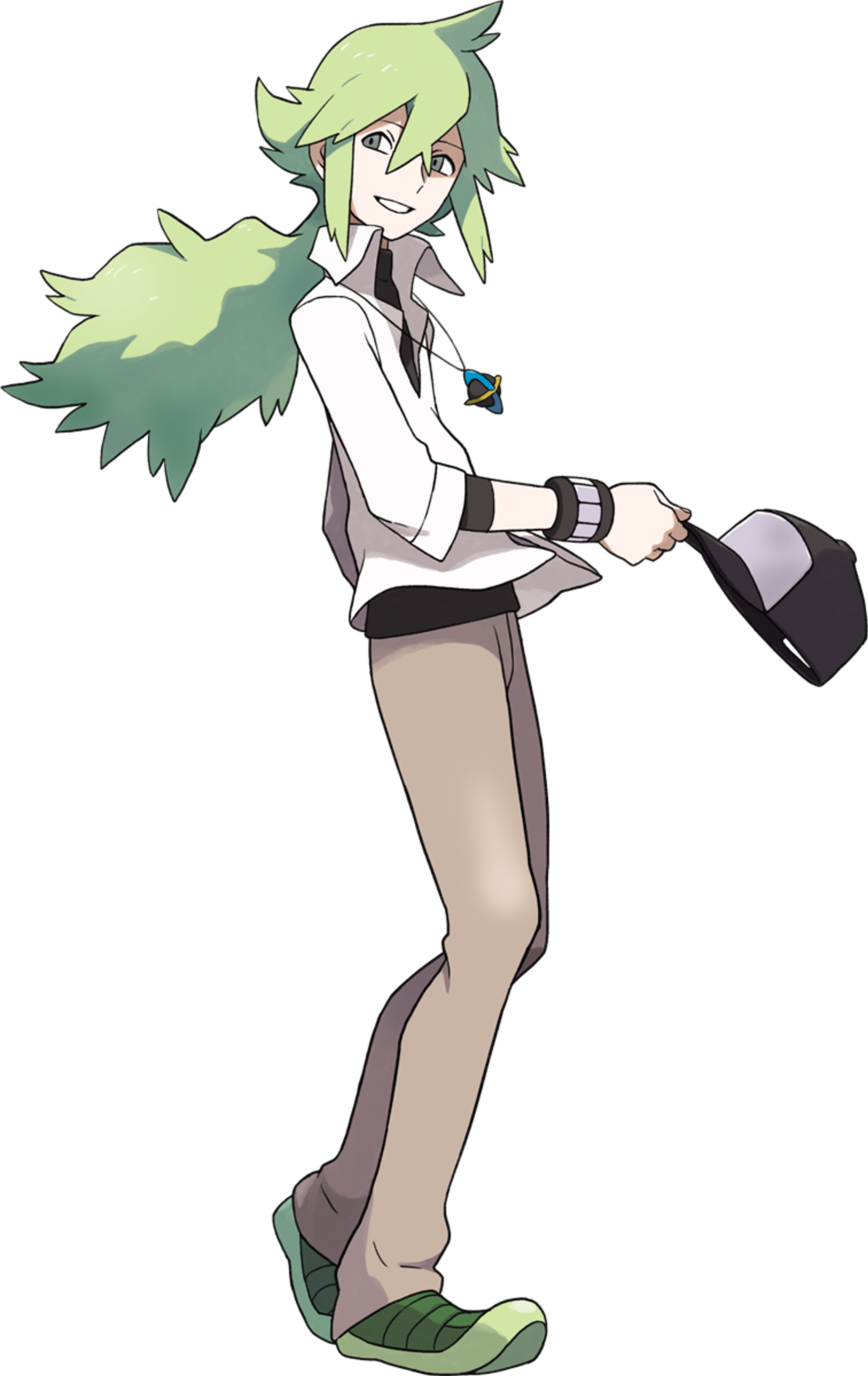 An anime-style character with green hair and a youthful, androgynous appearance, wearing a white shirt, black shorts, and green shoes.