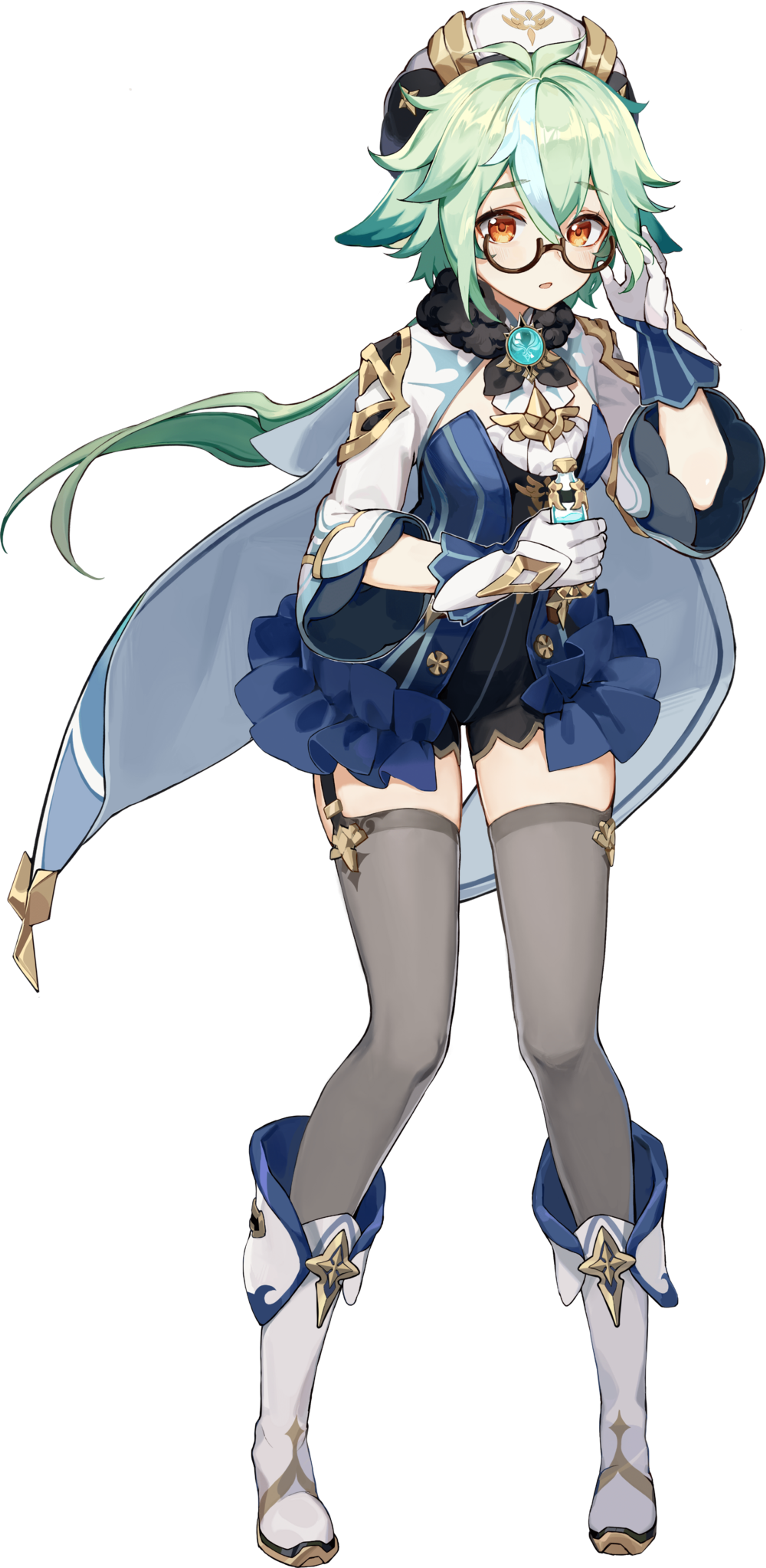 An anime-style character with green hair and glasses, wearing a blue dress with a frilly skirt and thigh-high stockings.