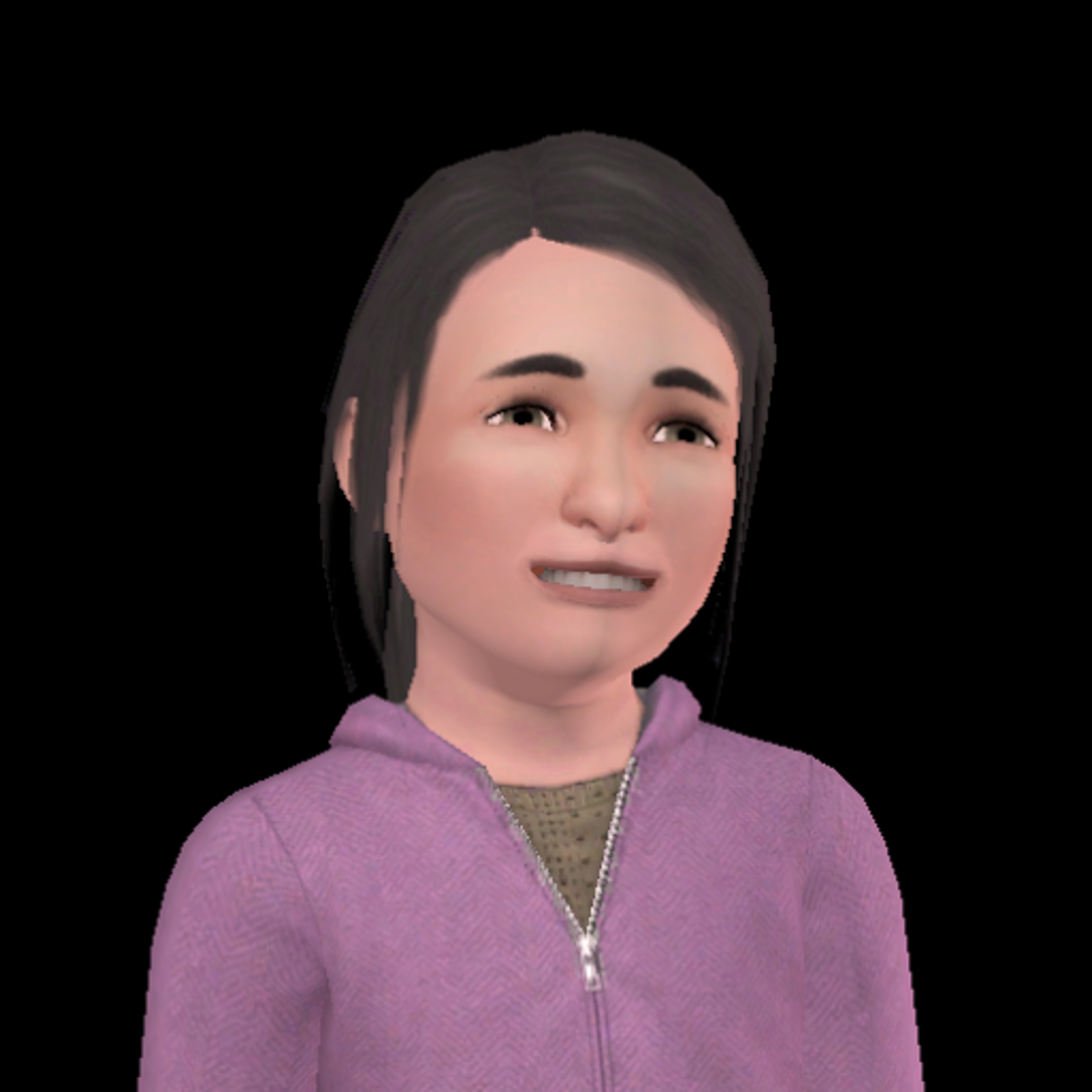 A young woman with dark hair wearing a purple jacket