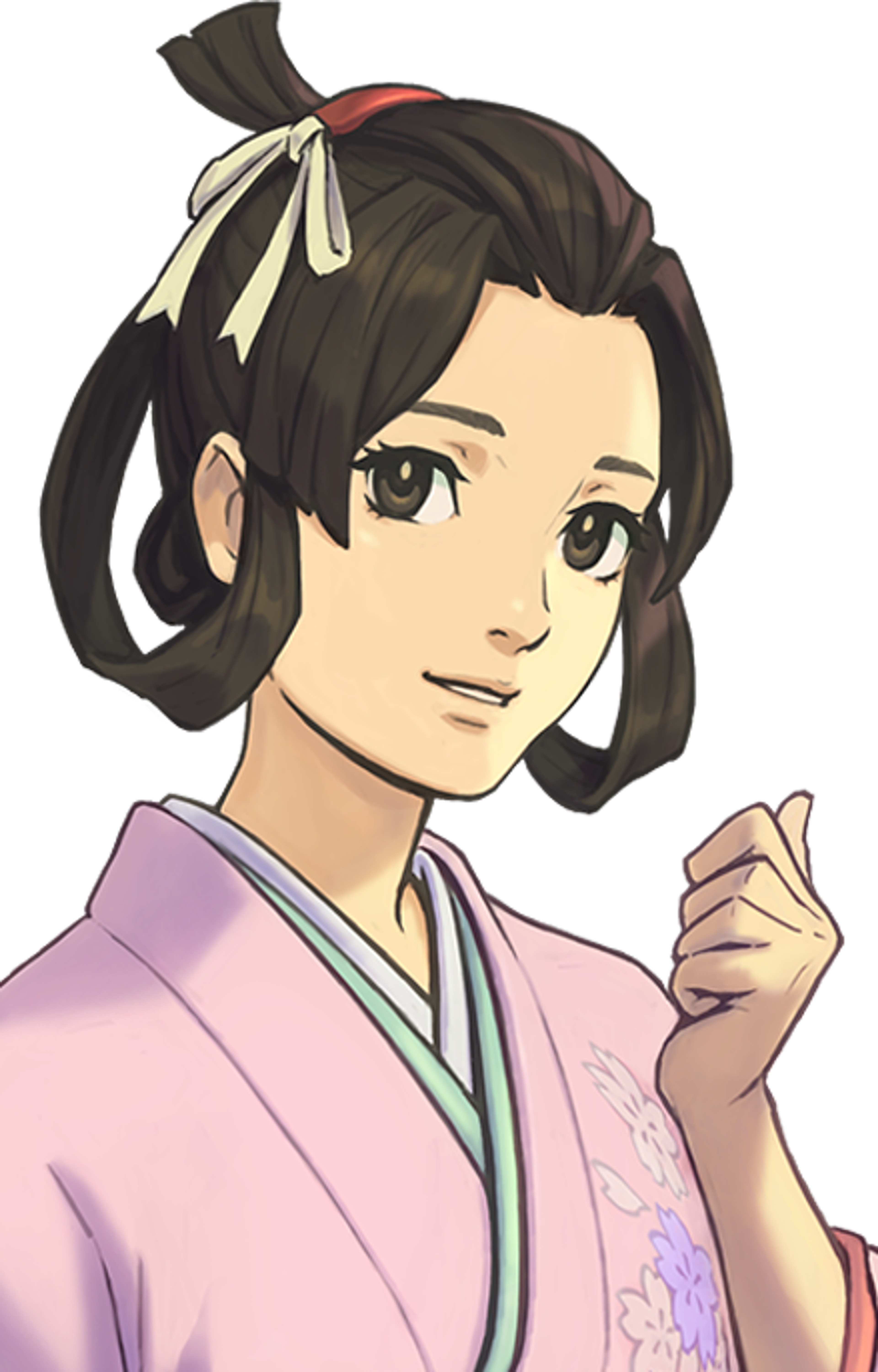 A young Japanese woman in a pink kimono-style outfit with a serious expression