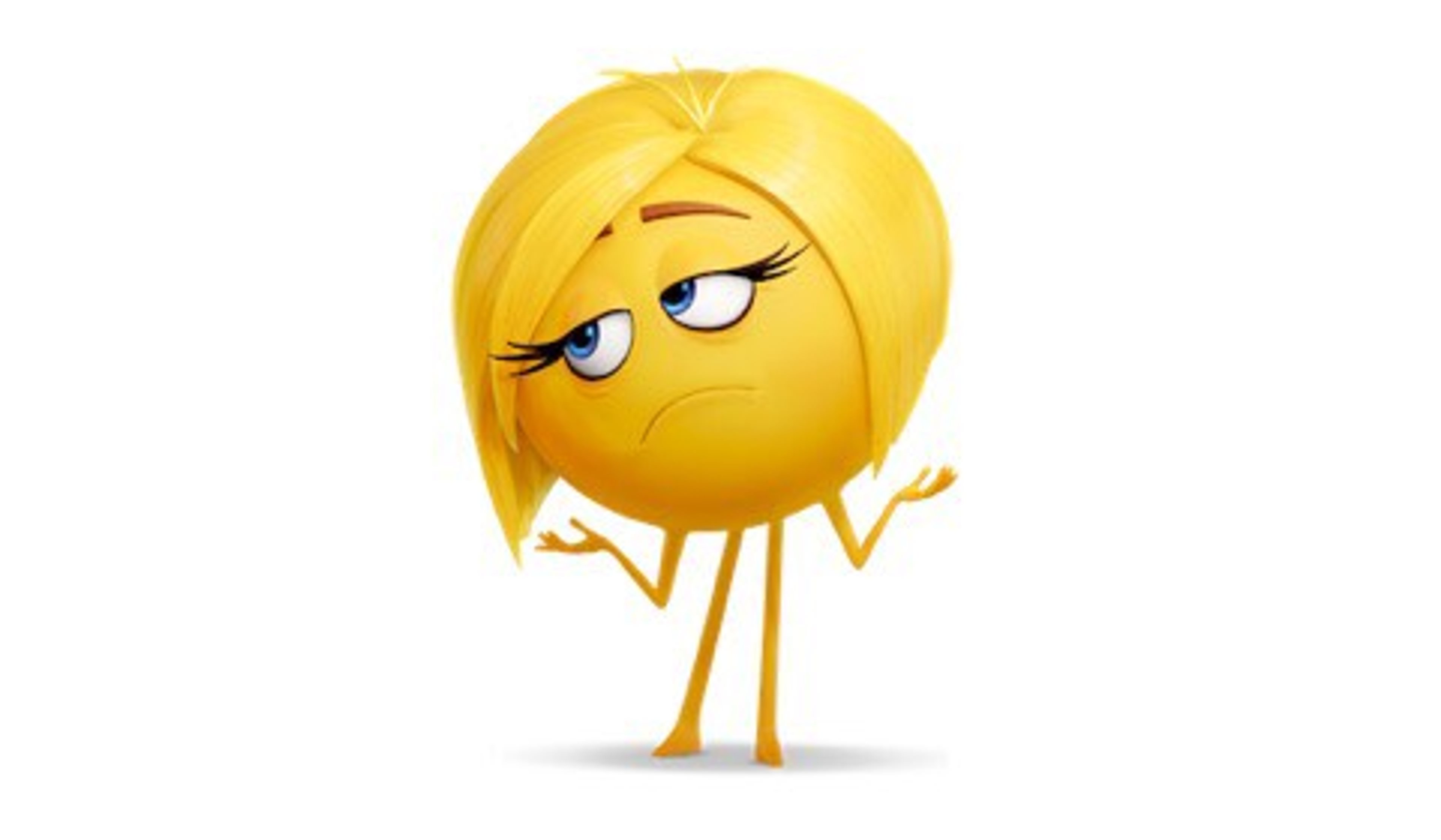 Yellow meh emoji character with blonde bob haircut