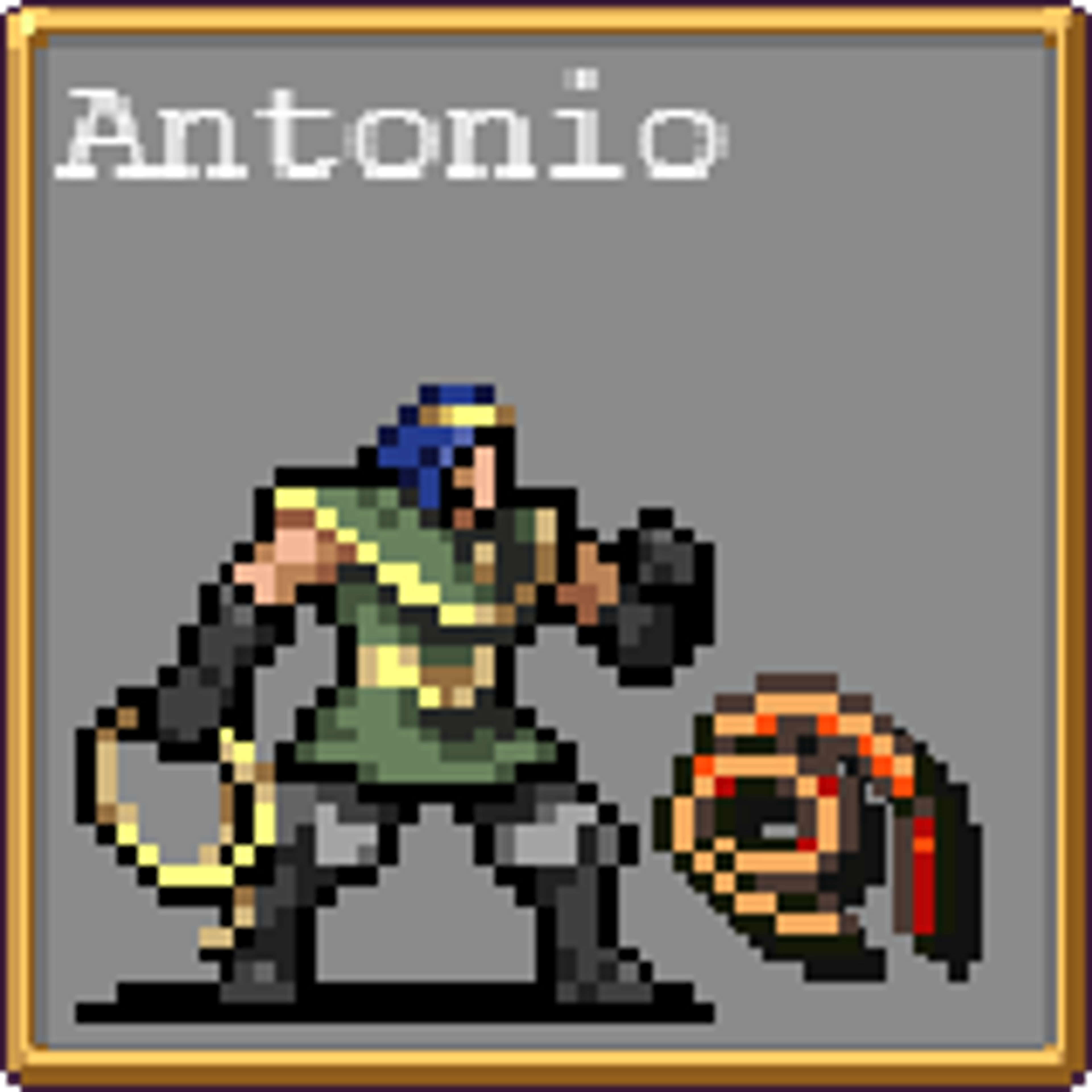 Pixel art character of a muscular male adventurer holding a large weapon or tool