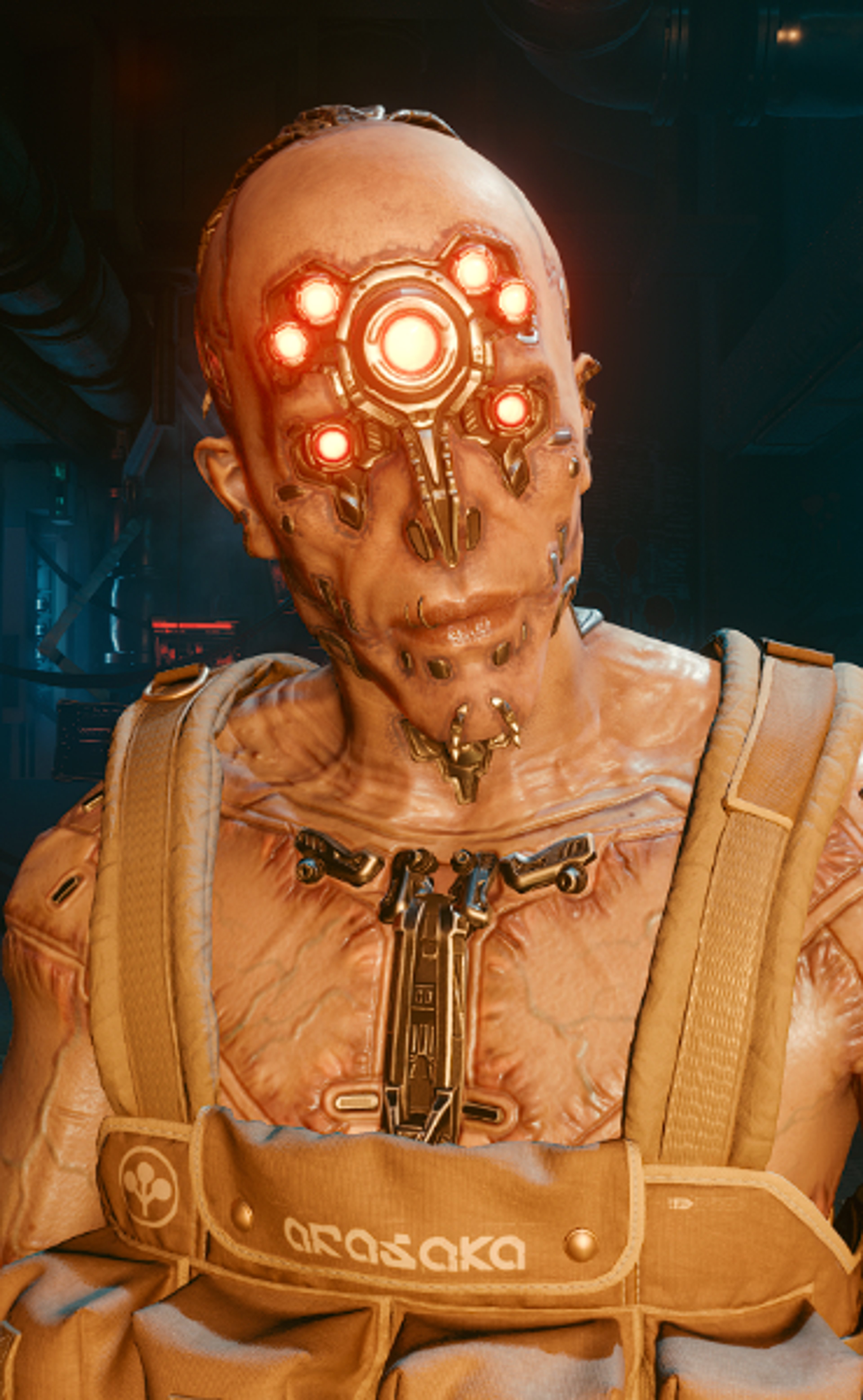 A heavily augmented and cybernetically enhanced male character with a burly, muscular build and various chrome enhancements.